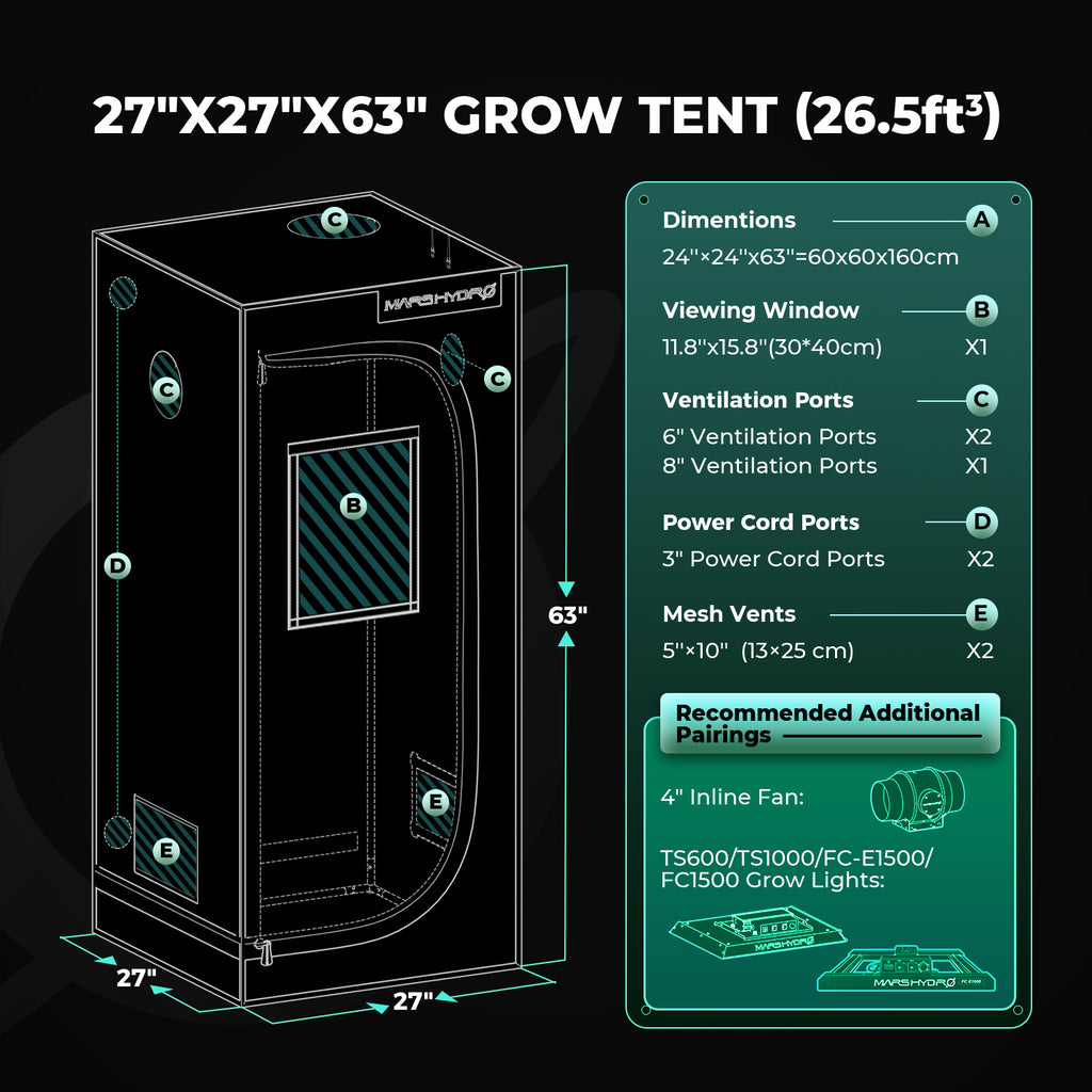 Mars Hydro grow tent complete set with iControl smart controller, 2000D fabric, 60 x 60 x 160 cm dimensions