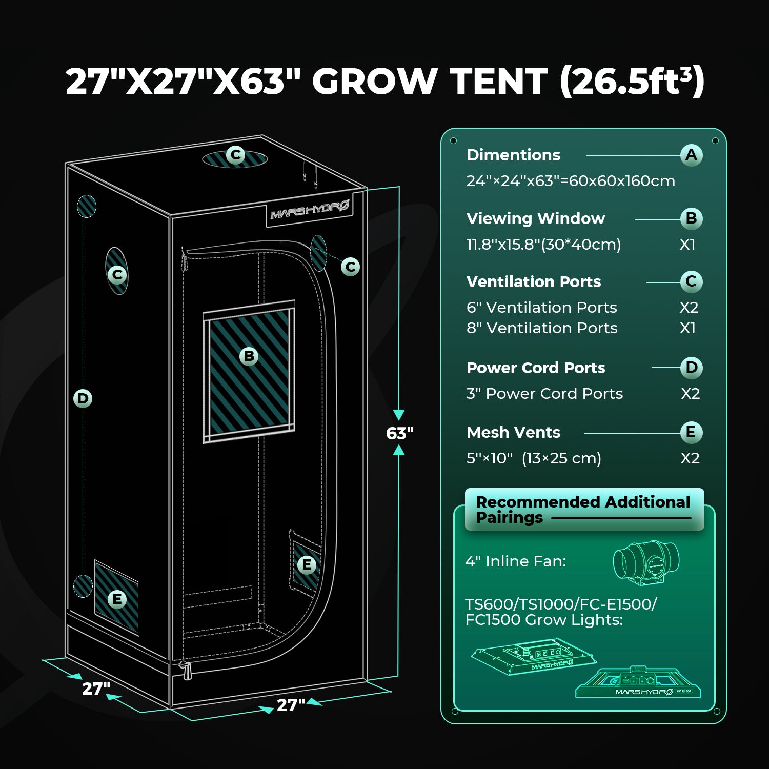 Mars Hydro grow tent complete set with iControl smart controller, 2000D fabric, 60 x 60 x 160 cm dimensions