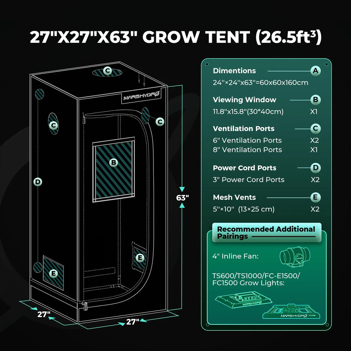 Mars Hydro grow tent complete set with iControl smart controller, 2000D fabric, 60 x 60 x 160 cm dimensions