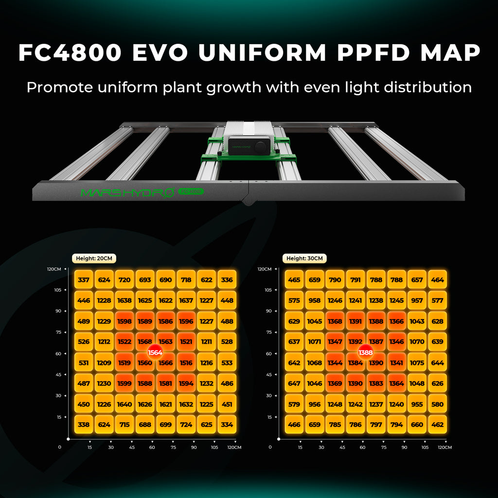 PPFD-Verteilungsgrafik der Mars Hydro FC4800 auf 120x120 cm Fläche