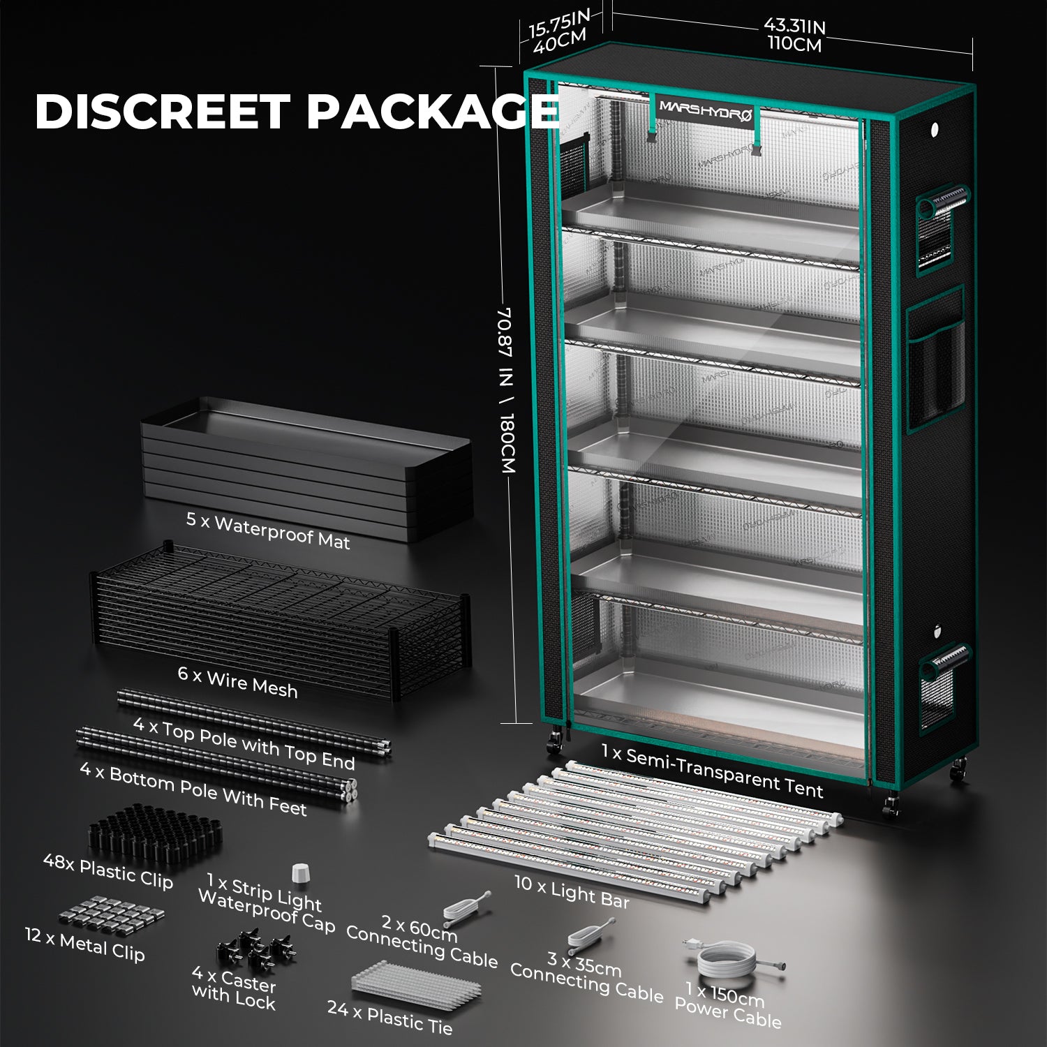 Vollständiger Lieferumfang des 250W Mars Hydro Sets inklusive Gitterböden und Zubehör.