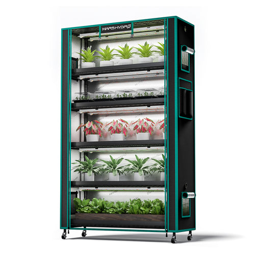 Mars Hydro 6-Ebenen Pflanzenständer mit 250W LED-Beleuchtung und 180 cm hohem Grow-Zelt.