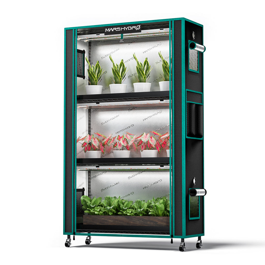 Mars Hydro 2026 Pflanzenständer 4-Ebenen mit 150W LED-Beleuchtung und 1680D Zelt.