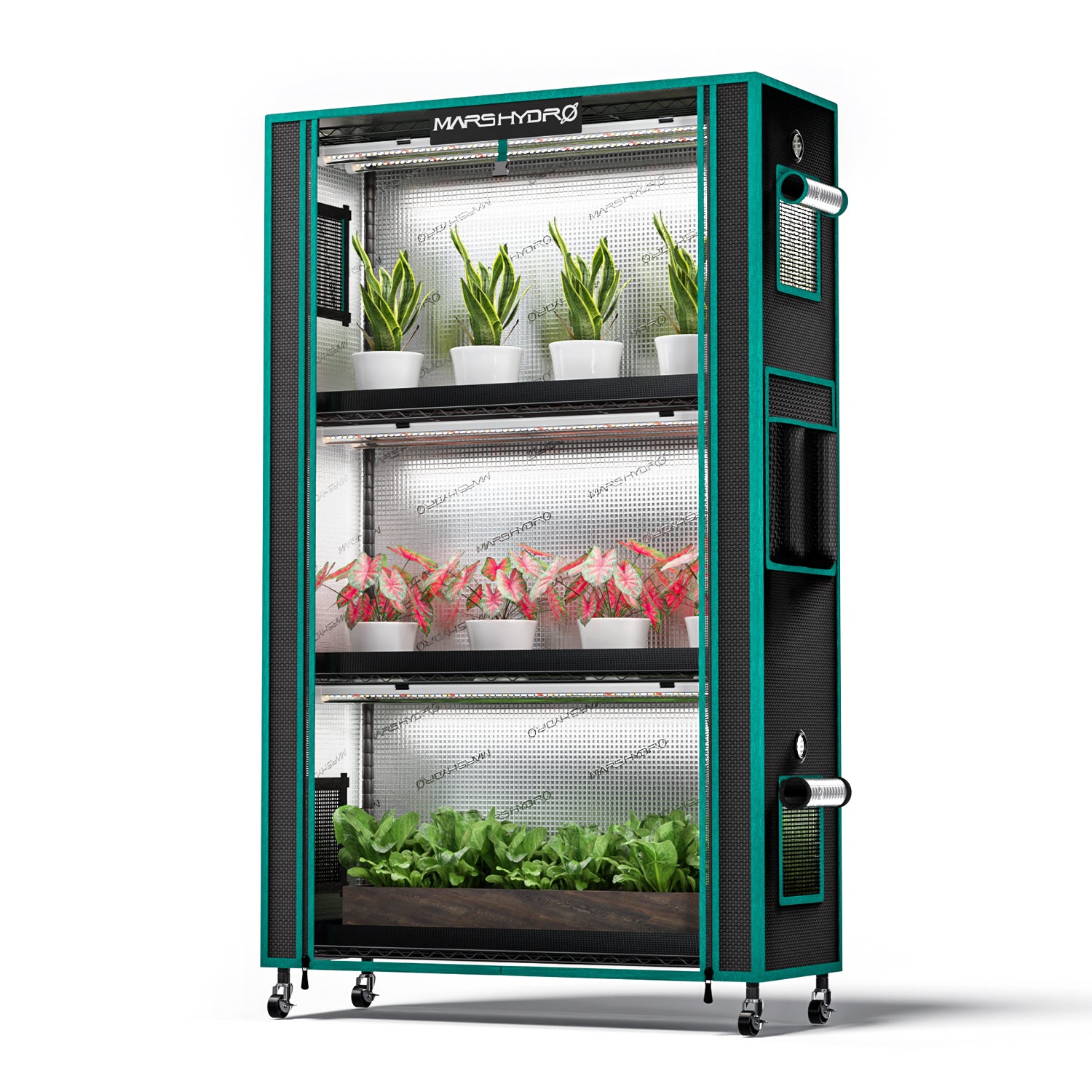 Mars Hydro 2026 Pflanzenständer 4-Ebenen mit 150W LED-Beleuchtung und 1680D Zelt.