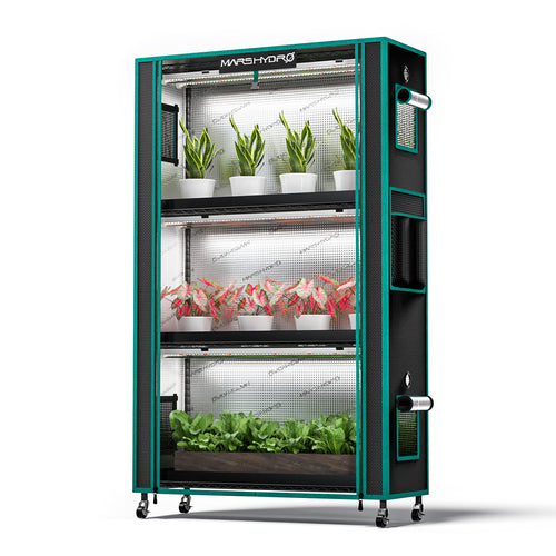 Mars Hydro 2026 Pflanzenständer 4-Ebenen mit 150W LED-Beleuchtung und 1680D Zelt.