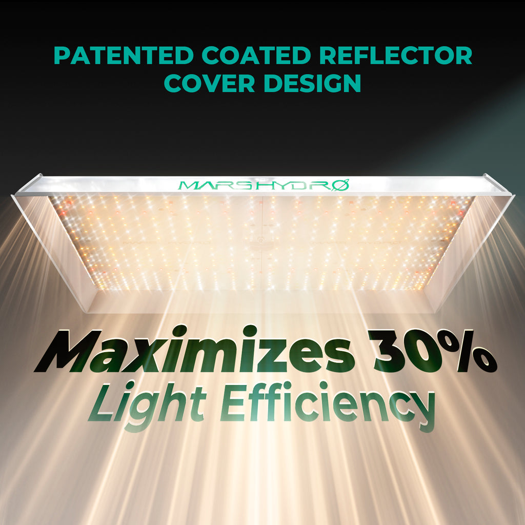 Mars Hydro TSW2000 complete set featuring a patented coated reflector cover design that maximizes light efficiency in a grow tent.