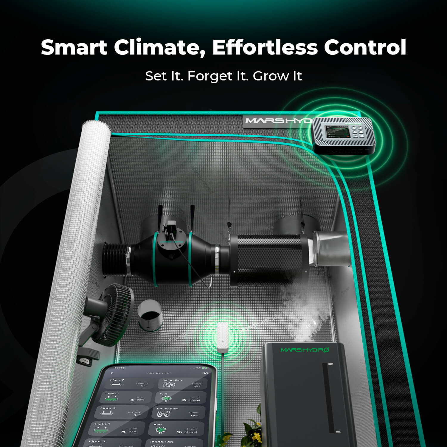 Mars Hydro grow tent smart complete set with 1680D diamond mylar lining, showing iControl controller and inline fan