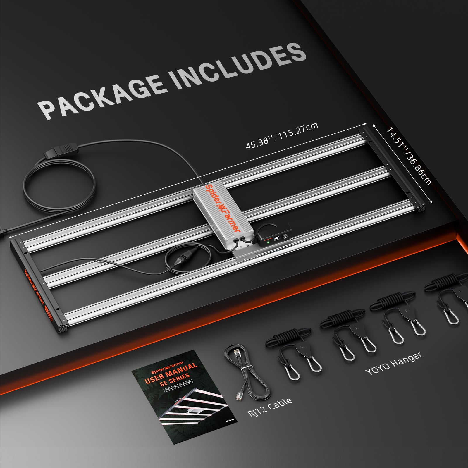 Lieferumfang-Übersicht: Lampe, Treiber, Kabel und Aufhängung.