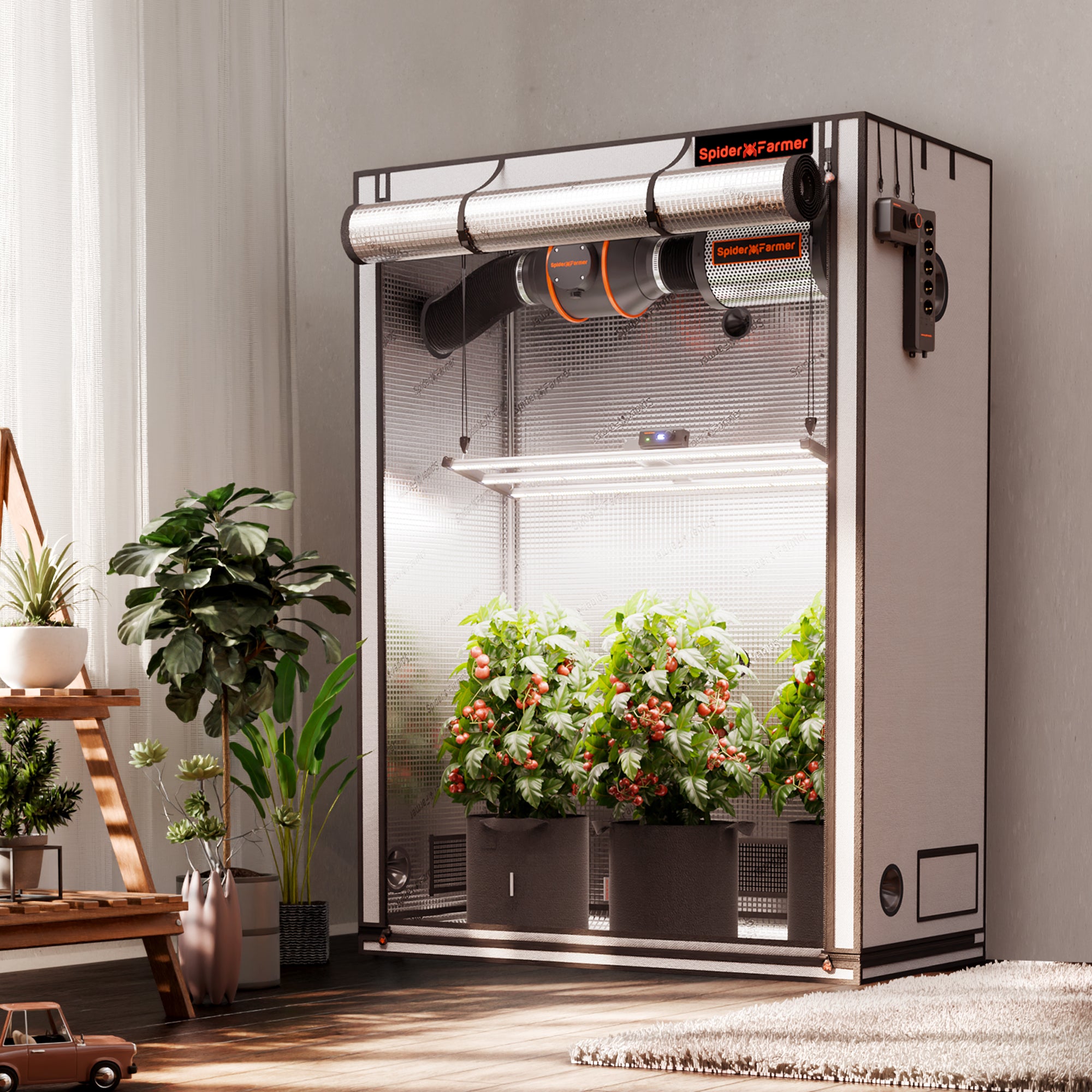 Wohnraum-Design: Weißes Spider Farmer Pro Growzelt, ideal für die ästhetische Integration in moderne Innenräume.