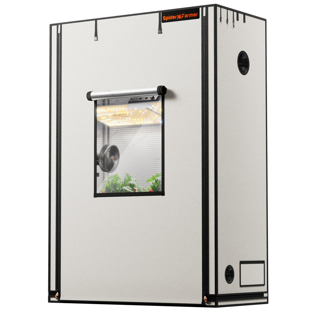 Produkt-Hauptansicht: Weißes Spider Farmer Pro 140x70x200cm Growzelt aus lichtdichtem 2000D Oxford-Gewebe.