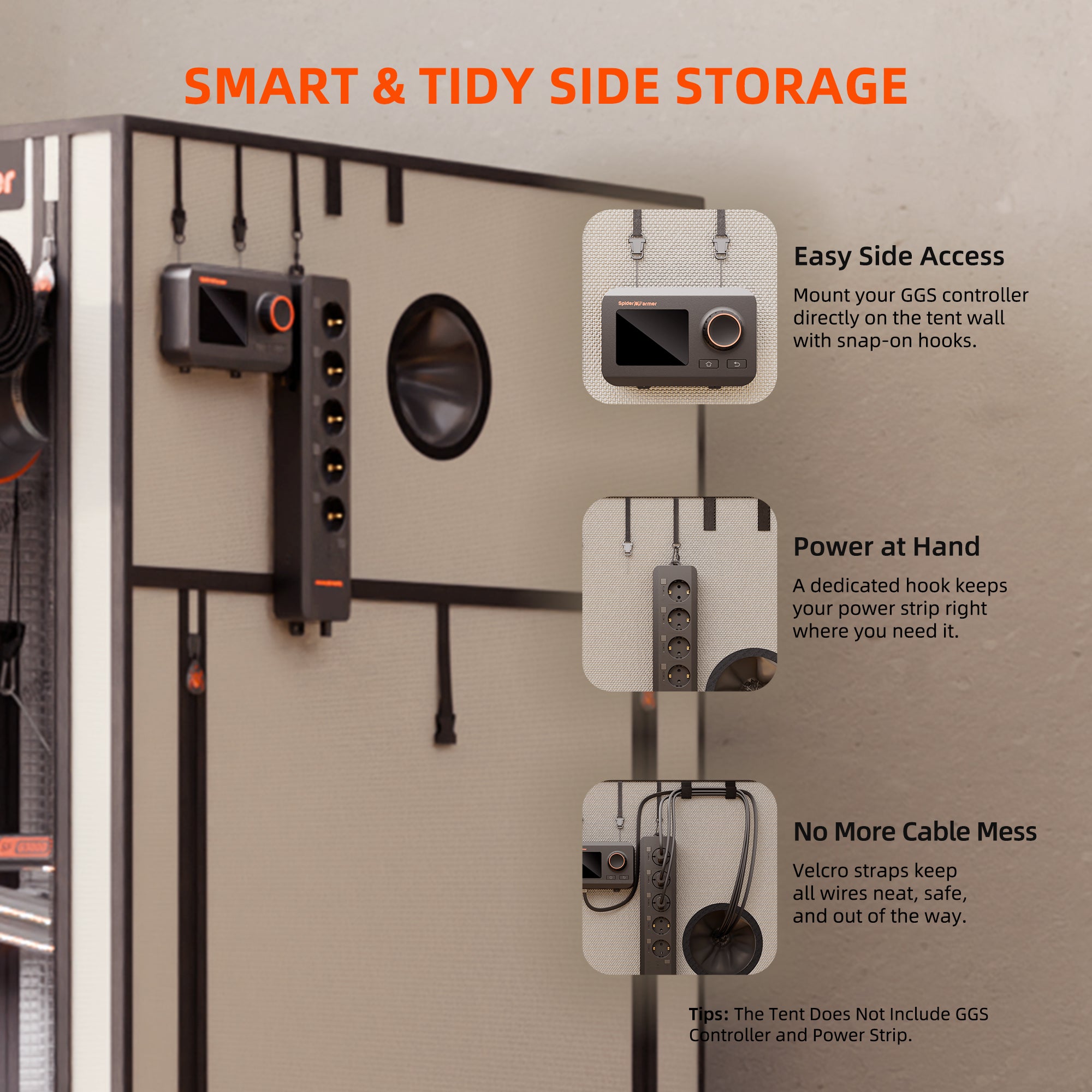 Innenraum-Organisation: Detailansicht der Halterungen für Controller und Kabelmanagement im Spider Farmer Pro Zelt.