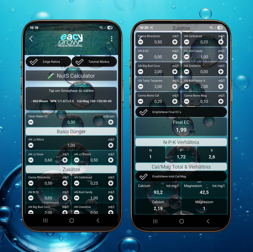 Der eacygrow NutS-Calculator zur Optimierung der mineralischen Düngung – Berechnet präzise Nährstoffverhältnisse für jedes Wachstumsstadium, um Mangelerscheinungen vorzubeugen und durch individuelle Düngeschemas maximale Vitalität bei minimalem Ressourcenverbrauch zu garantieren.