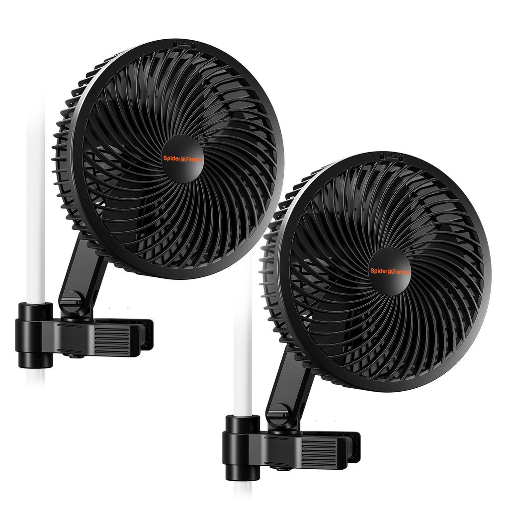 Spider Farmer 6-Zoll Clip-Ventilator 2er-Pack – Leistungsstarke EC-Motor-Ventilatoren für eine gleichmäßige Luftzirkulation und kräftige Pflanzenstämme im Growzelt.