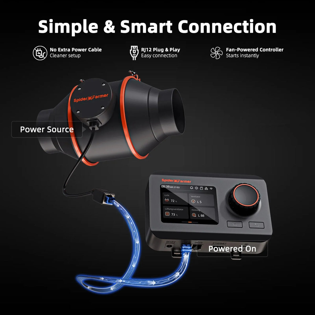 Black portable power source and control unit connected by illuminated blue cables, with orange trim and display controls