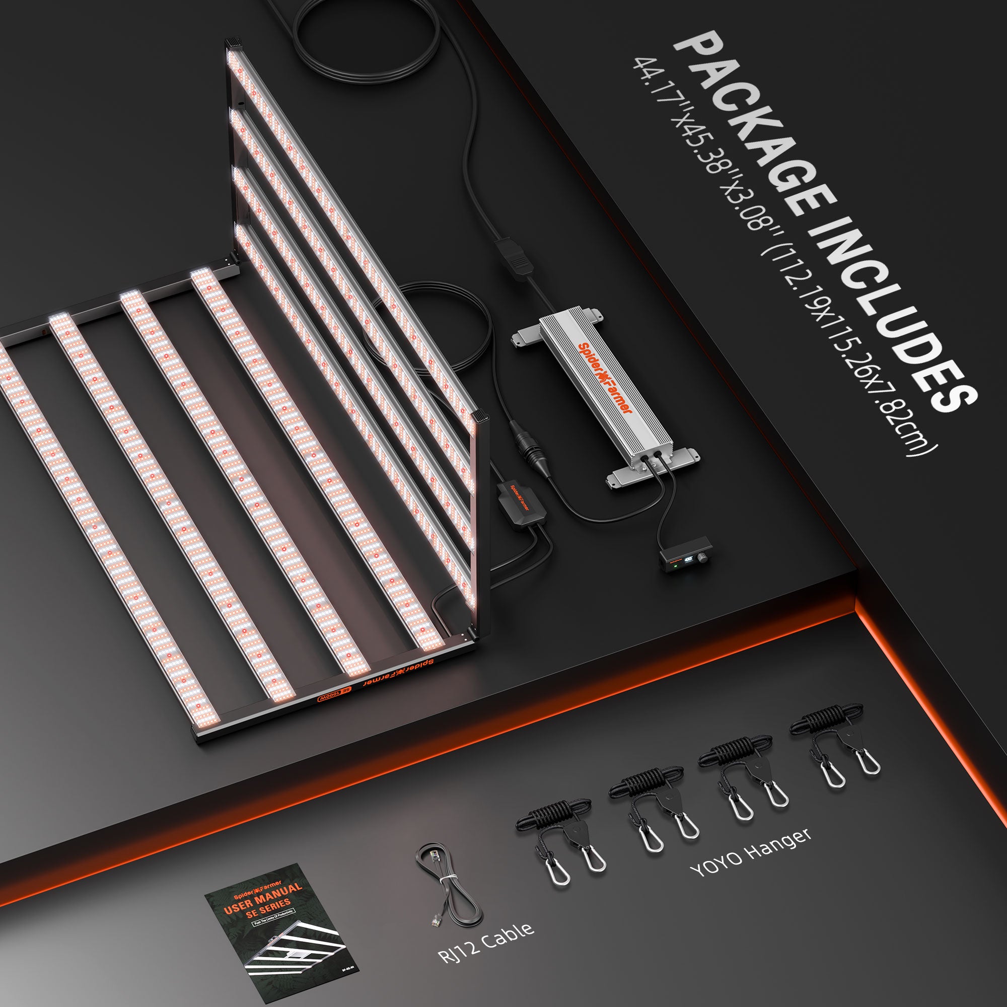 Spider Farmer SE1000W Verpackungsinhalt inklusive Kabel und Hänger.