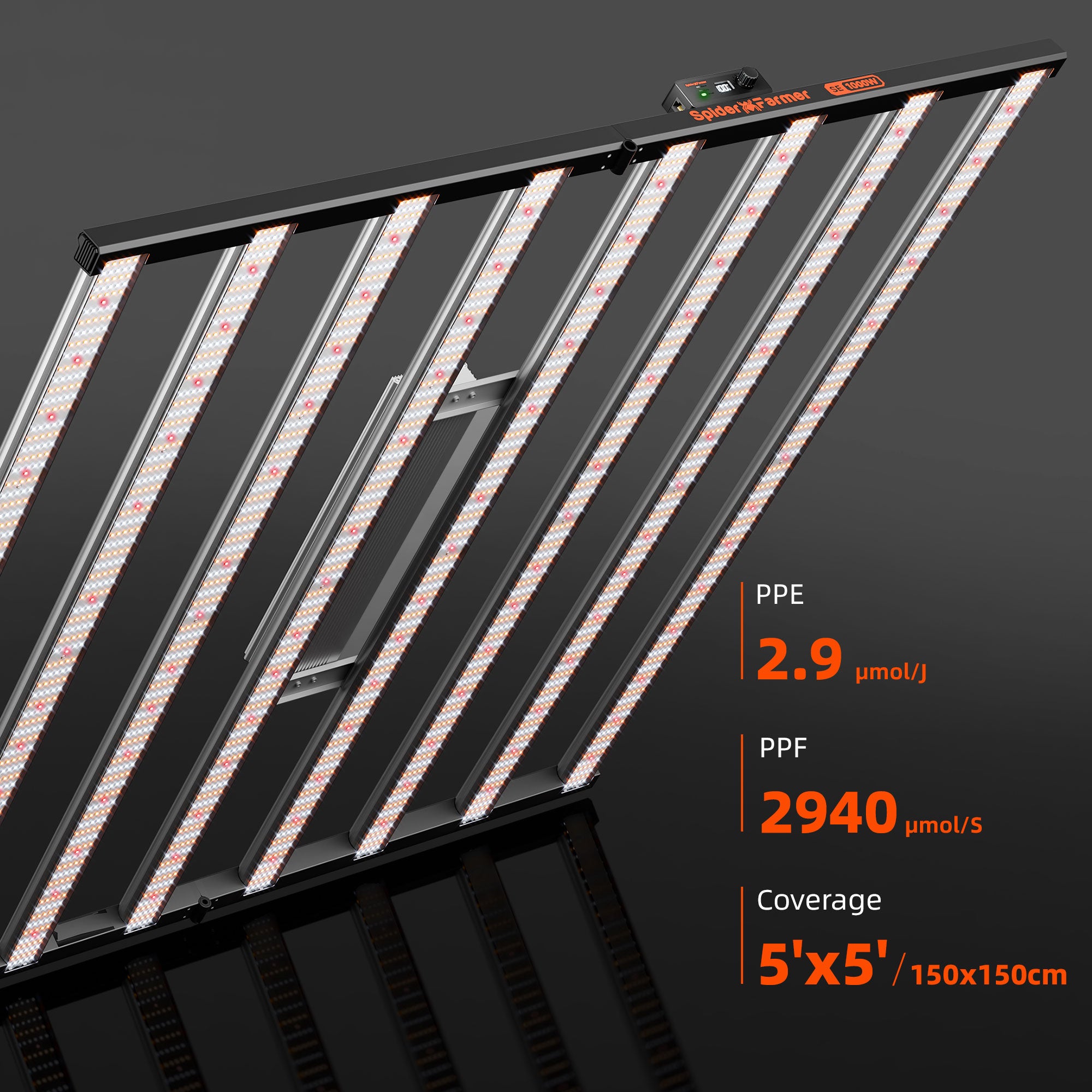 Spider Farmer Branding und technische Daten auf dem SE1000W Rahmen.