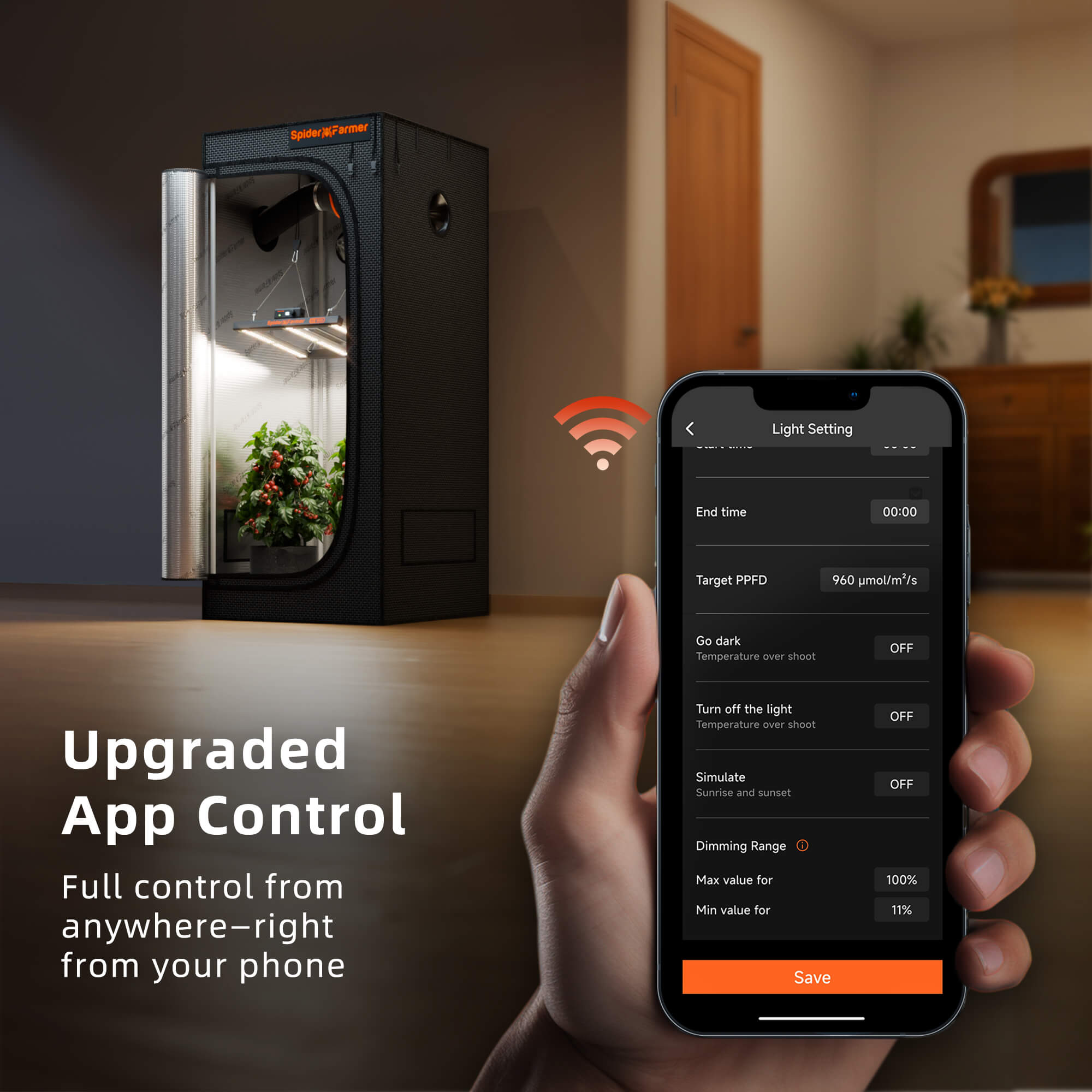Die Spider Farmer App zeigt die Steuerung der SE1500 via WiFi.