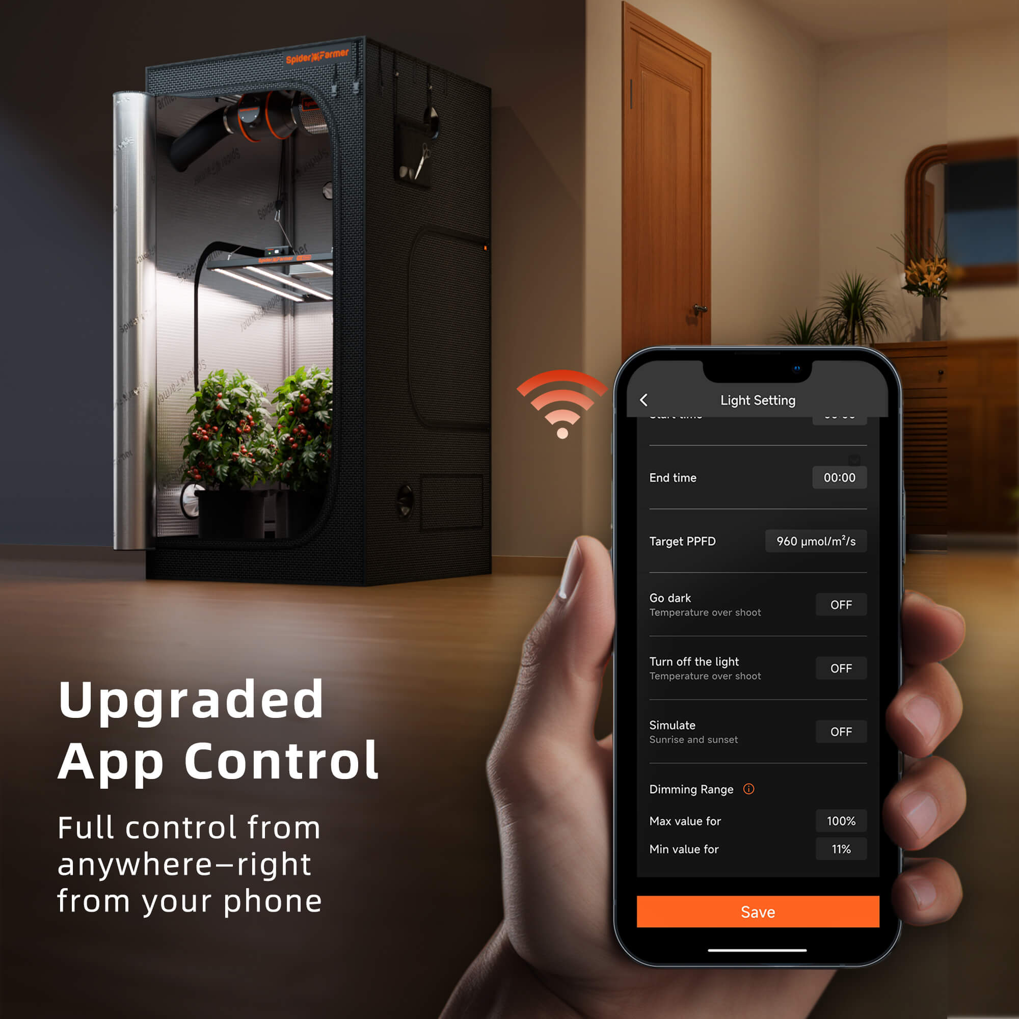 Spider Farmer App Steuerung der 300W Leistung via WiFi.