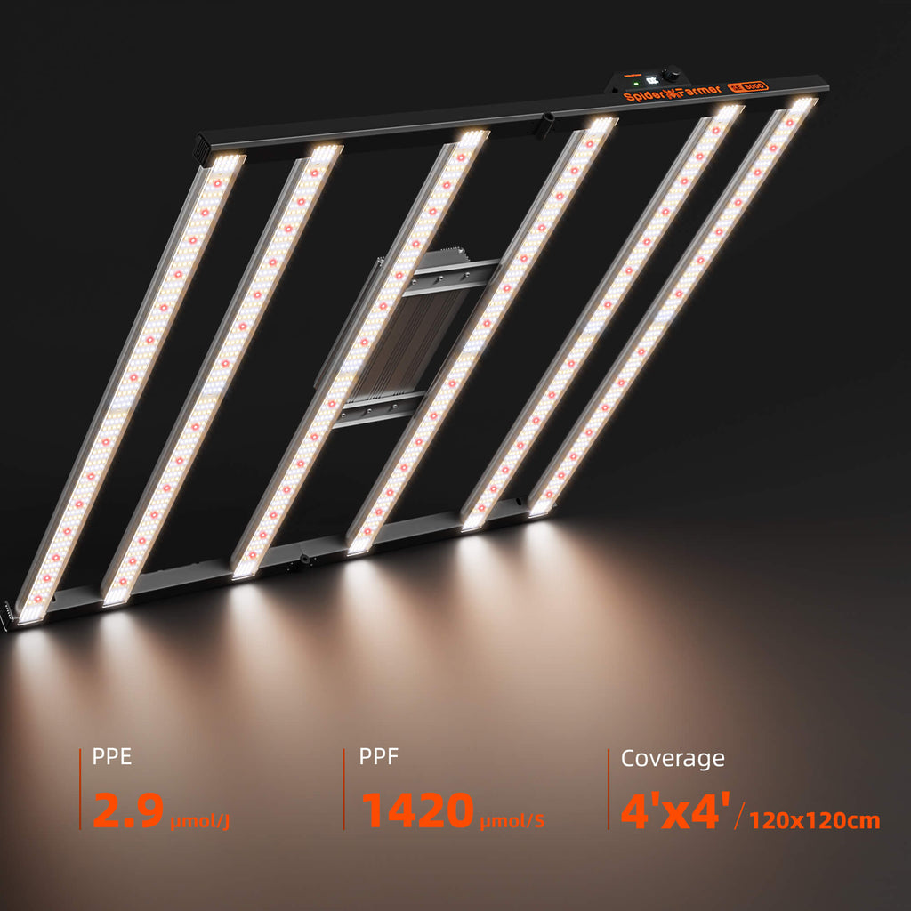 Spider Farmer SE5000 smart LED grow light in black and silver with 480W Bridgelux LEDs