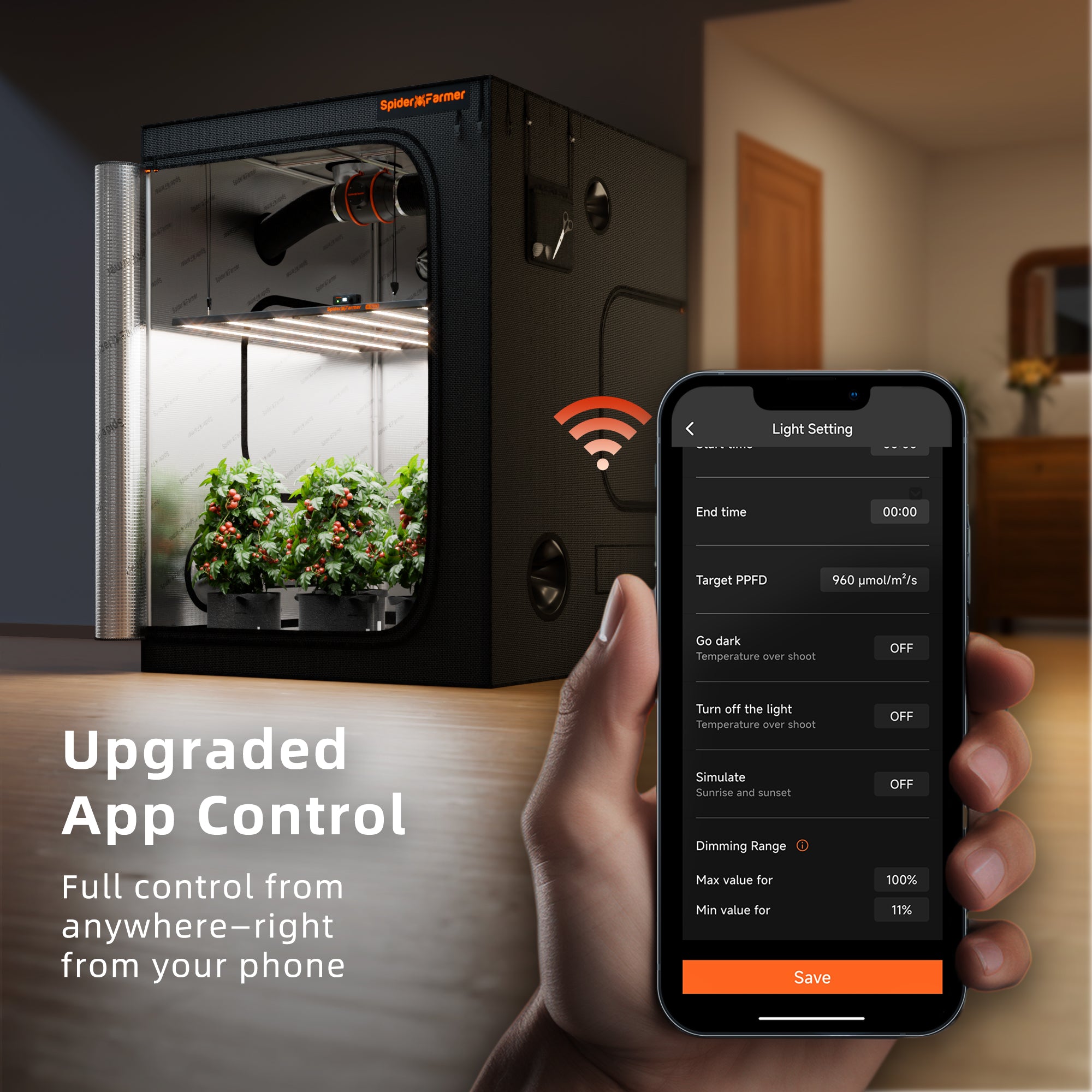 Spider Farmer App Interface zur Steuerung der 730W Leistung via WiFi.