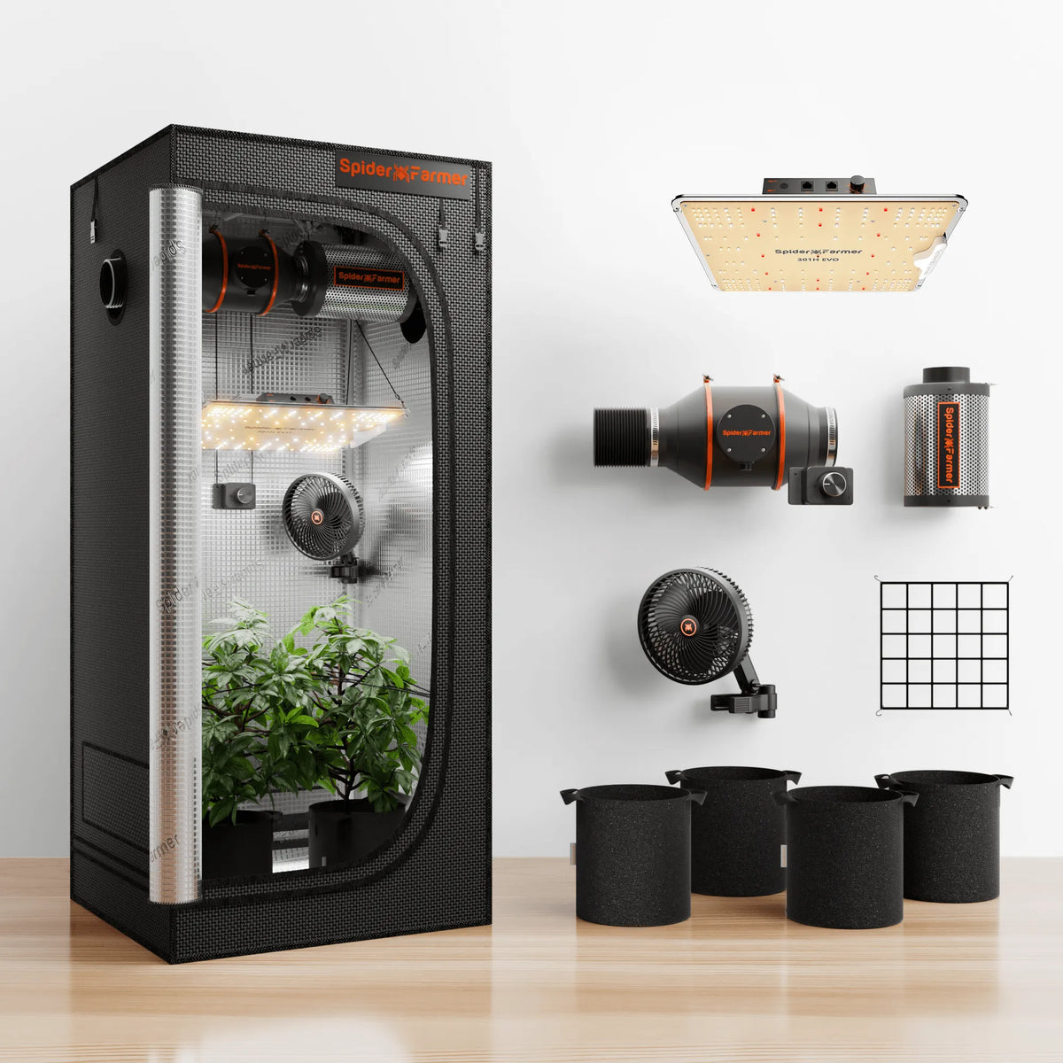 Spider Farmer SF1000 Komplettset grow tent in black with Mylar interior lining and LED grow light setup