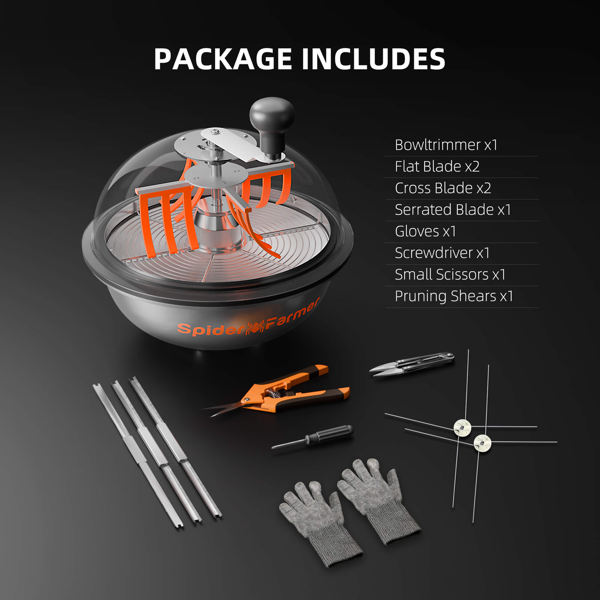 Lieferumfang-Übersicht: Trimmer, Klingen-Sets, Handschuhe und zwei Erntescheren.