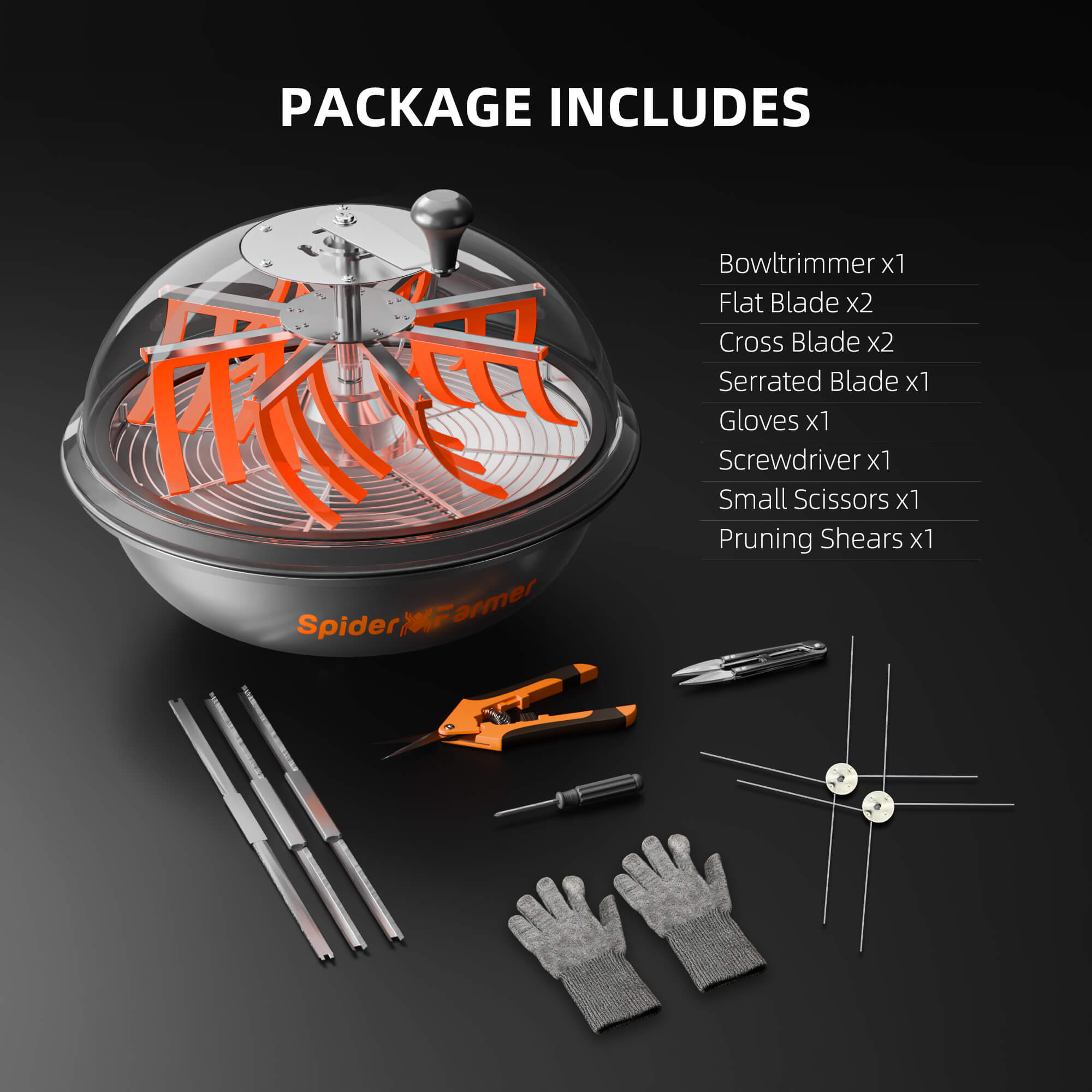 Vollständiger Lieferumfang des 16" Spider Farmer Trimmers mit Zubehör-Set.