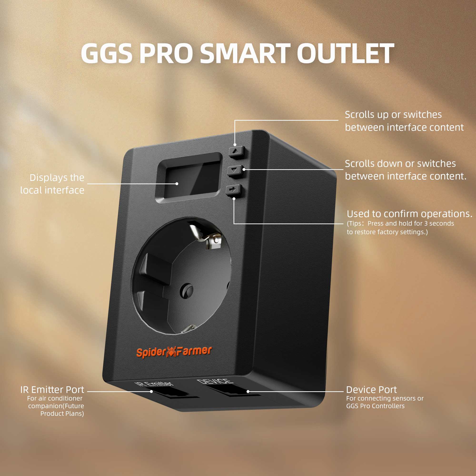 Smart plug and controller by Spider Farmer in matte black with local interface display and device port for GGS Pro controllers