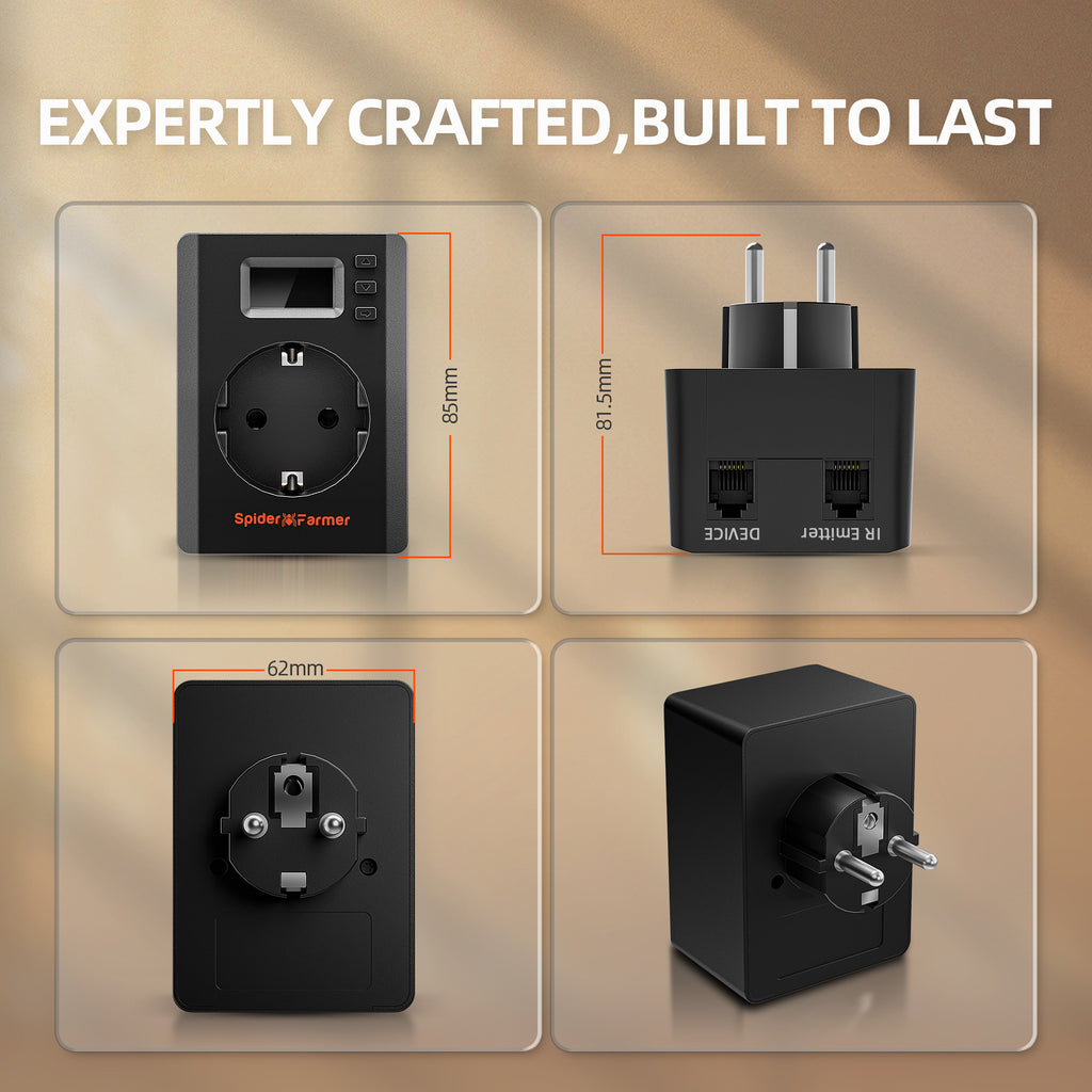Black Spider Farmer S-Station smart plug with RJ12 controller ports, shown front and side with two outlet sockets