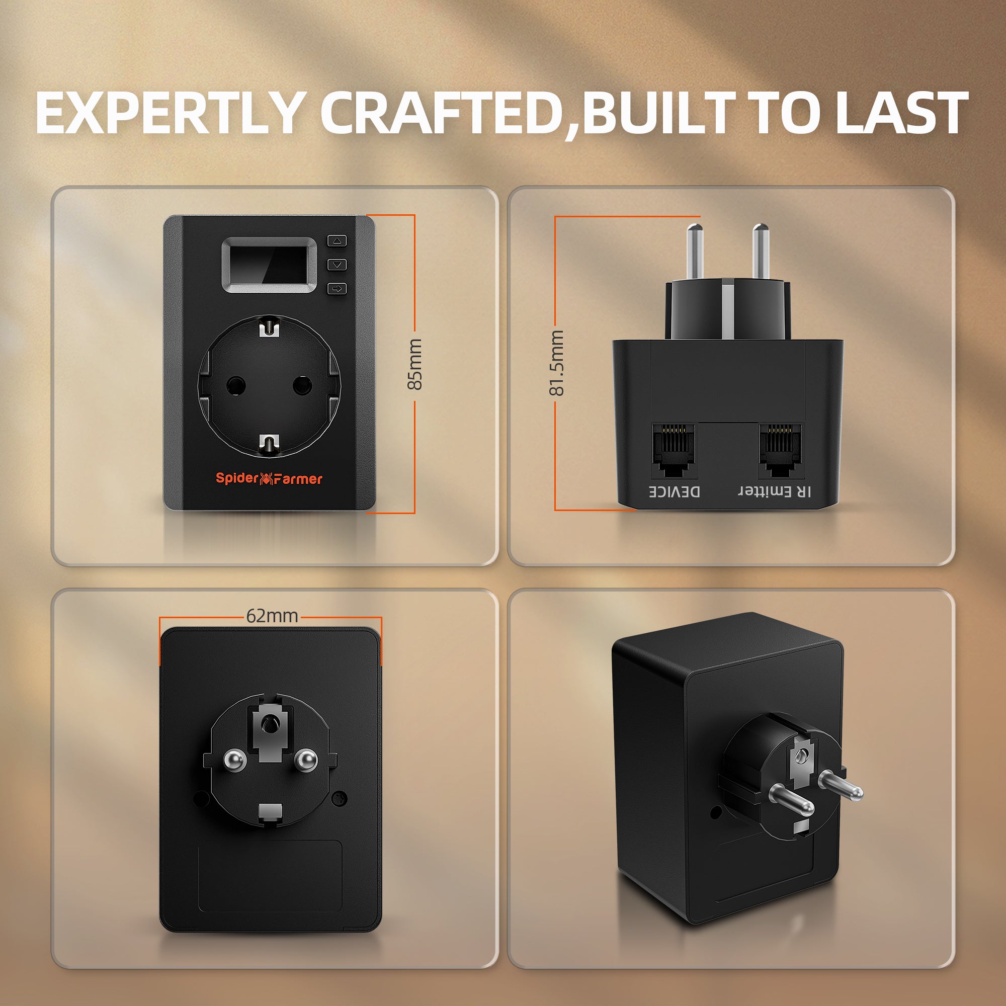 Black Spider Farmer S-Station smart plug with RJ12 controller ports, shown front and side with two outlet sockets