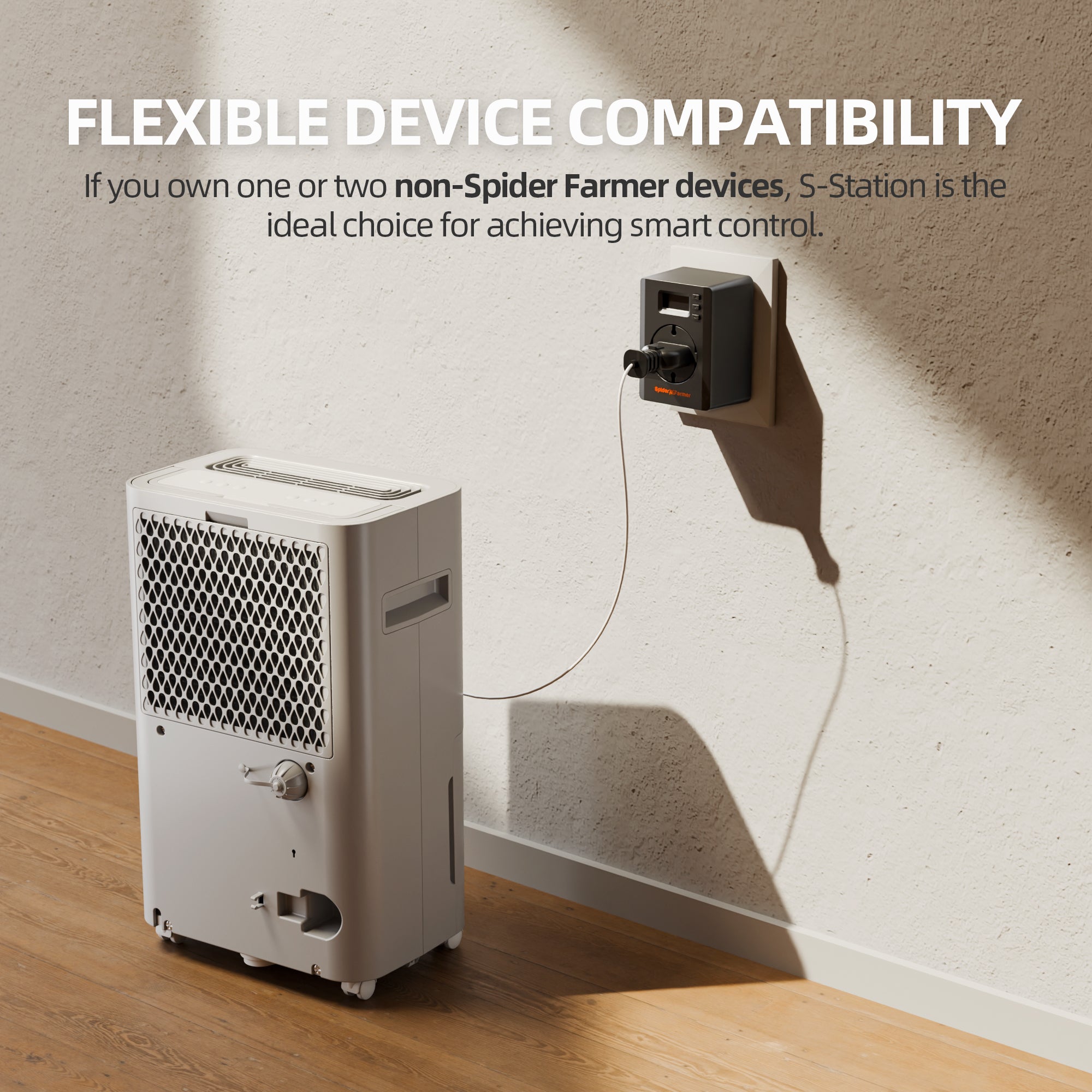 Smart plug and controller by Spider Farmer S-Station, app and remote control via WLAN or Bluetooth, shown on a wall