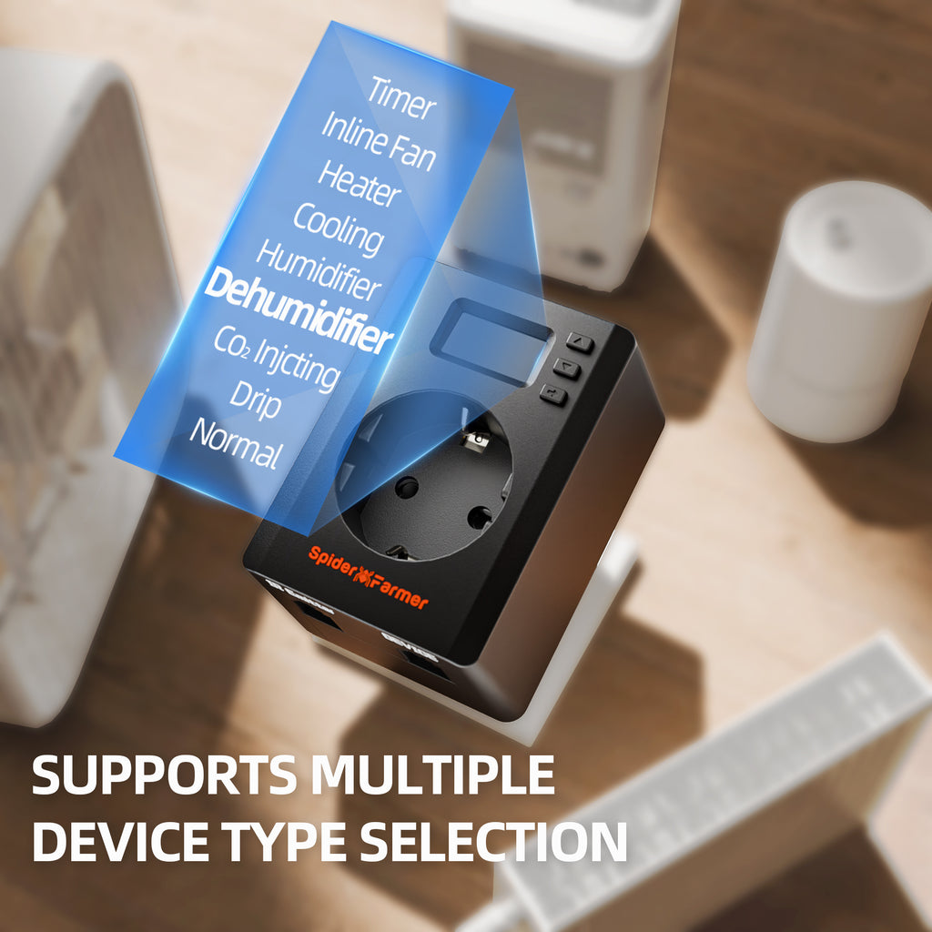 Smart plug and controller by Spider Farmer in black with app and remote control via WLAN or Bluetooth