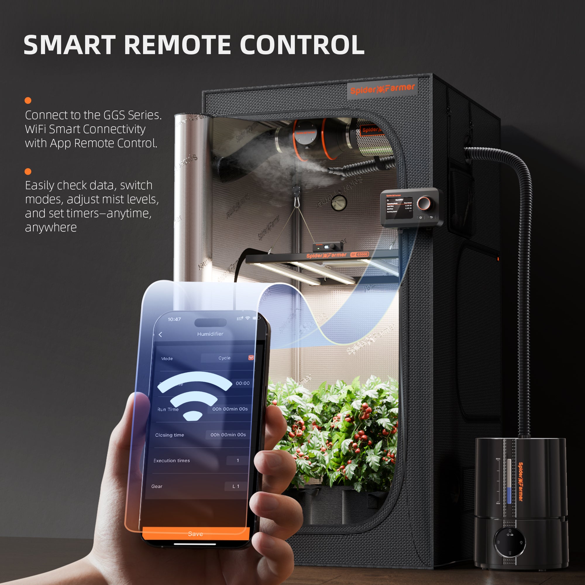 Fernsteuerung der Nebelstärke via Spider Farmer App – Überwachung und Anpassung der Luftfeuchtigkeit in Echtzeit zur Optimierung des VPD-Werts.