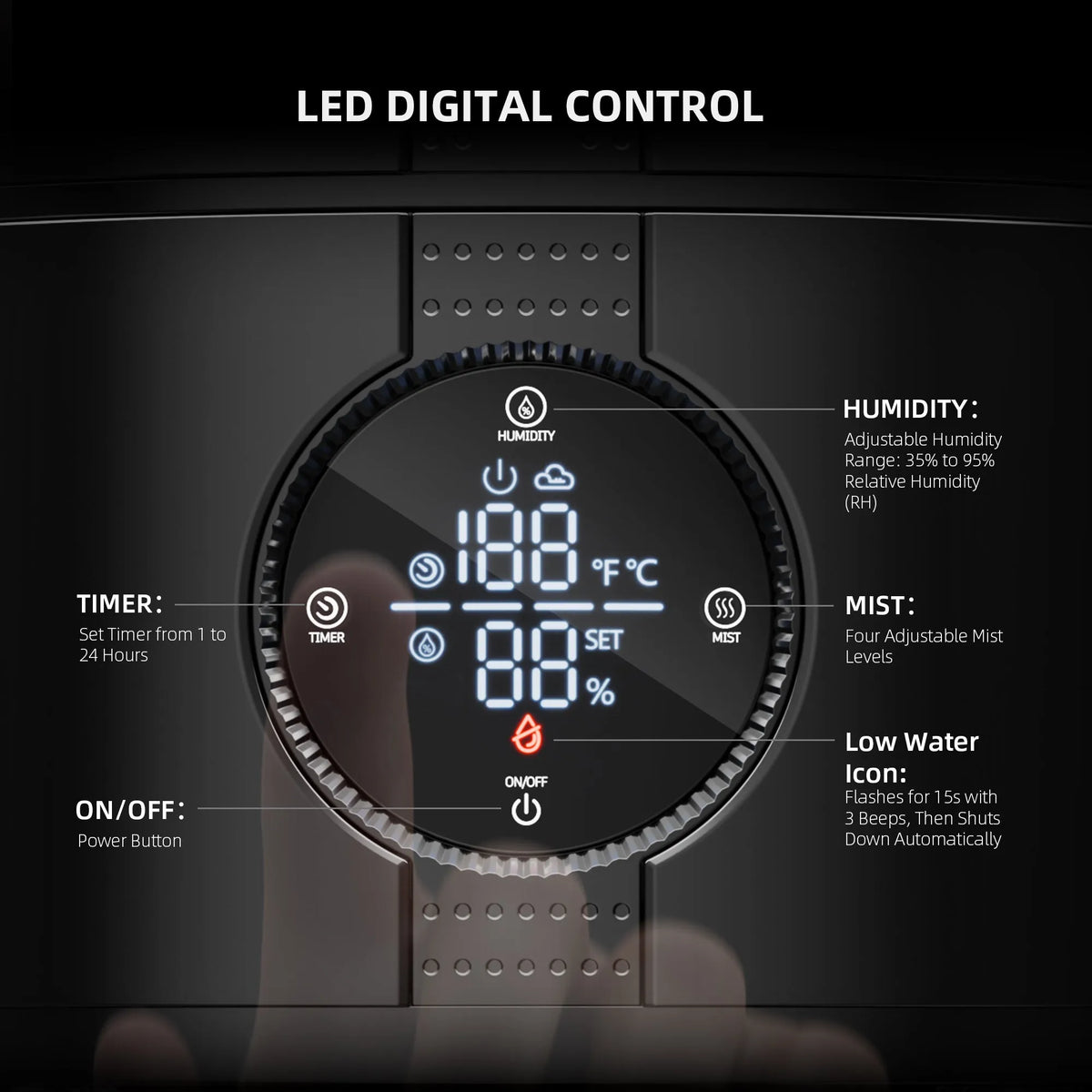 Spider Farmer 5L Smart Luftbefeuchter with humidity display and LED digital control, dark gray mist settings