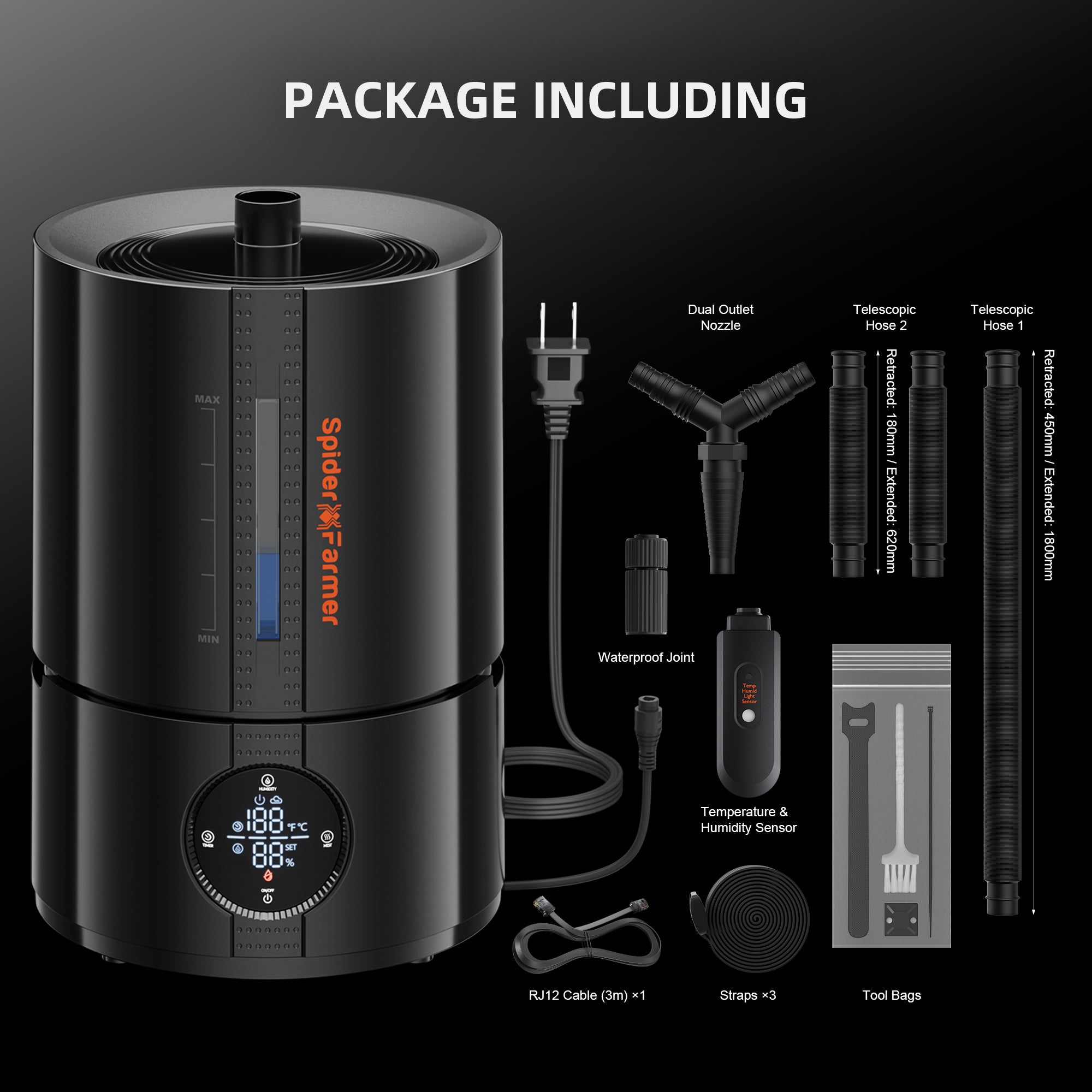 Lieferumfang des Spider Farmer Smart Befeuchter-Kits: 5L Gerät, ausziehbarer Schlauch, GGS-Sensor und Netzteil – Die Komplettlösung für gesundes Pflanzenwachstum.