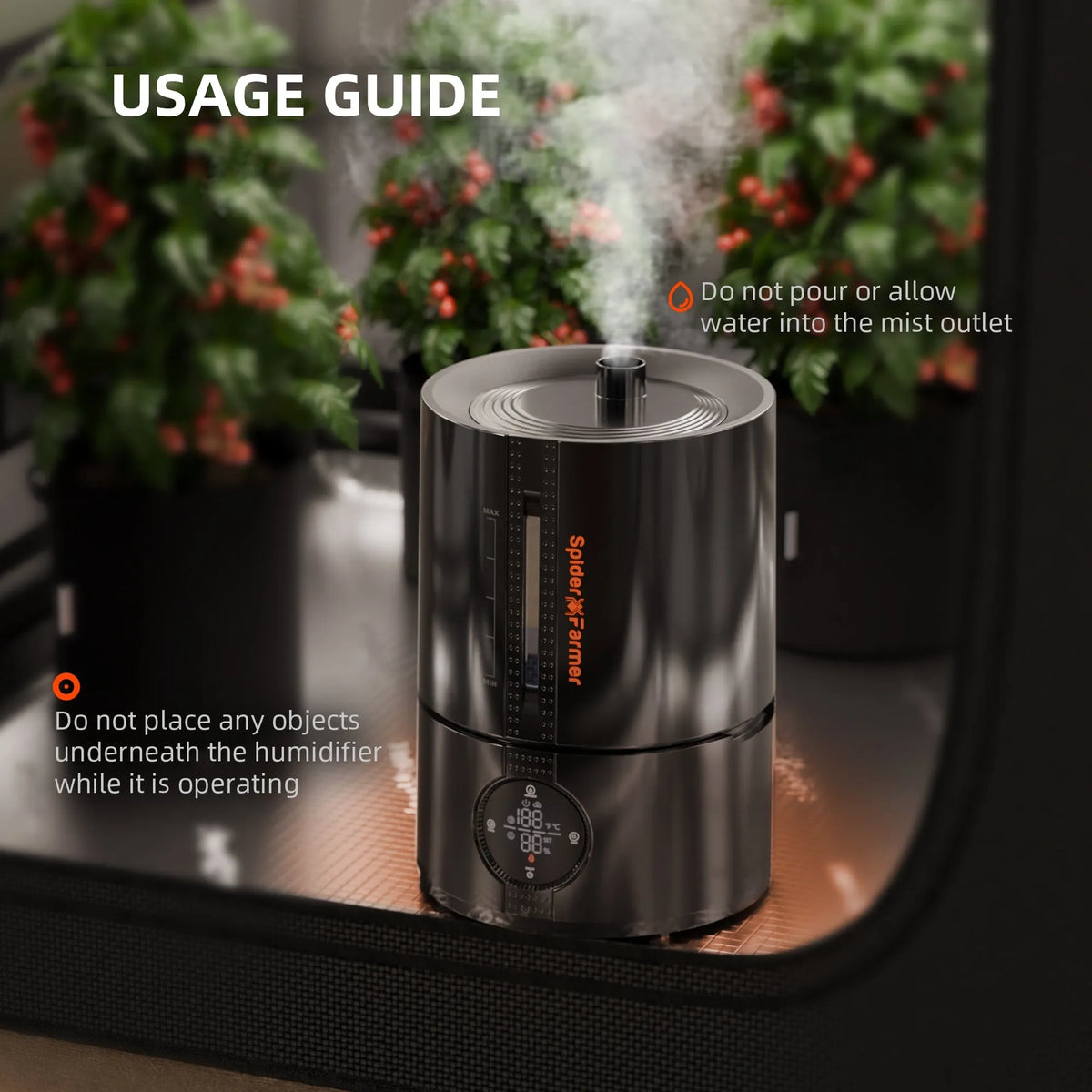 Spider Farmer 5L Smart Luftbefeuchter with Klimasensor, stainless steel cool mist humidifier in grow room