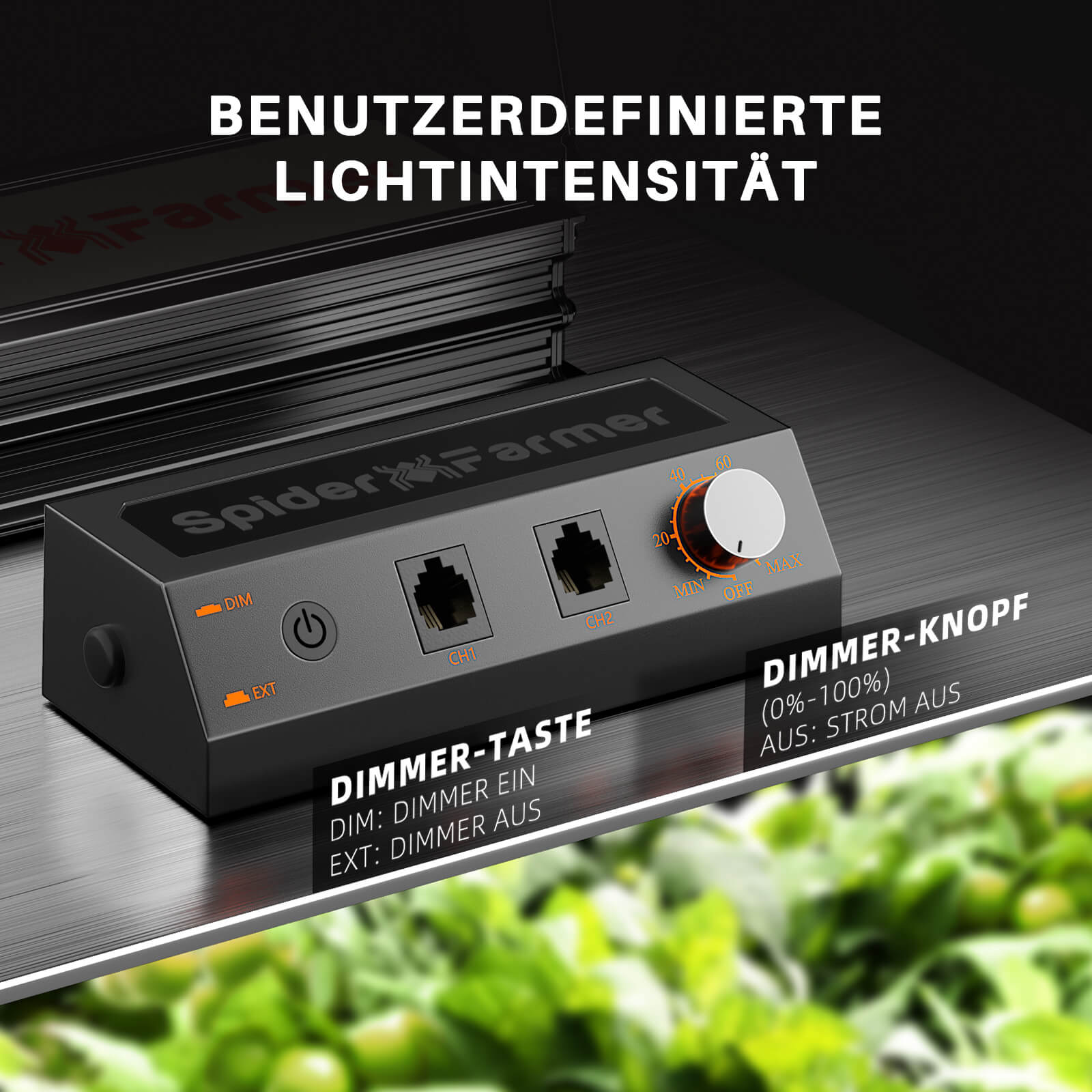 Stufenloser Dimmregler der SF1000 zur Anpassung der 100W Lichtleistung.