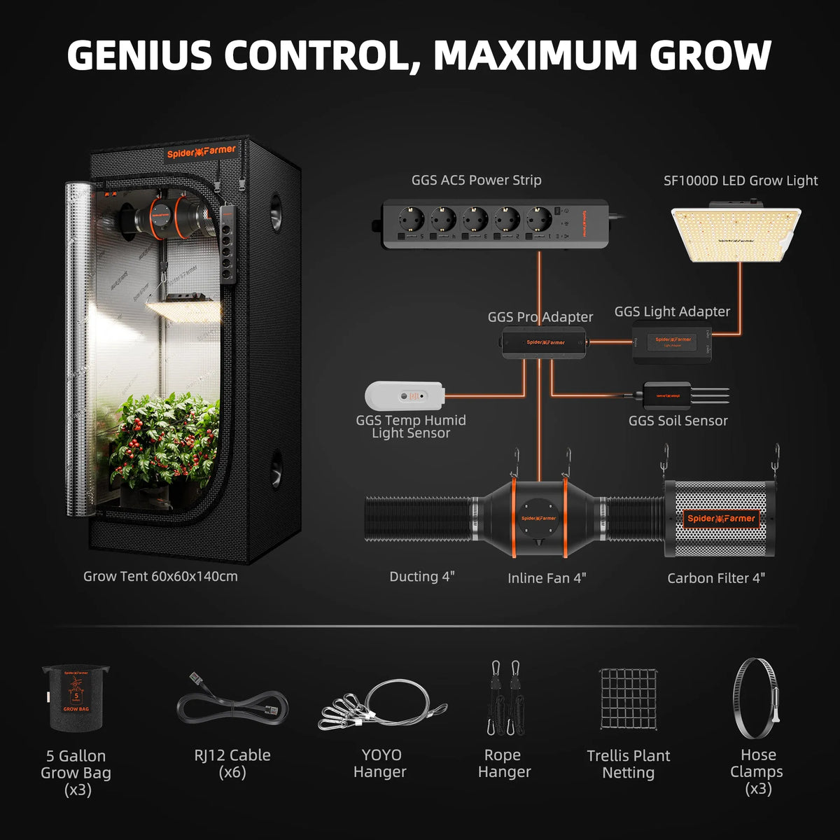 Grow tent with plants, LED grow light, power strip, inline fan, carbon filter, sensors, and hanging accessories