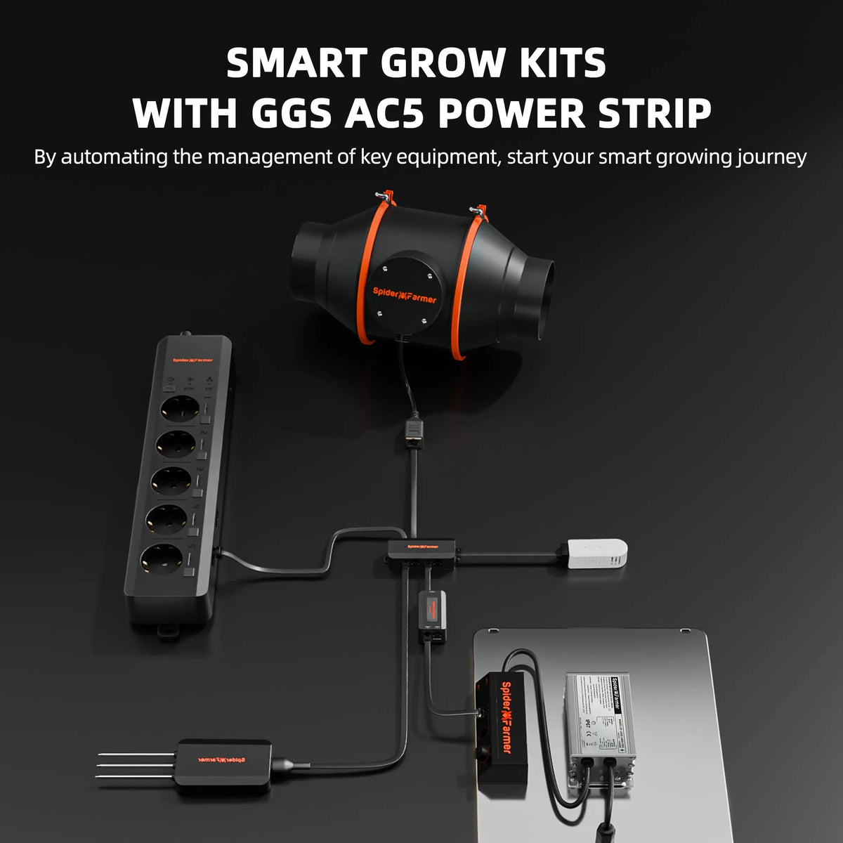 Smart grow kit with a black power strip, duct fan, controller, cables, adapter, and connected electronic components