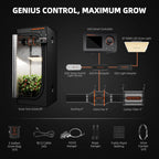 Indoor grow tent with LED light, controller, ventilation fan, carbon filter, plant netting, and accessories