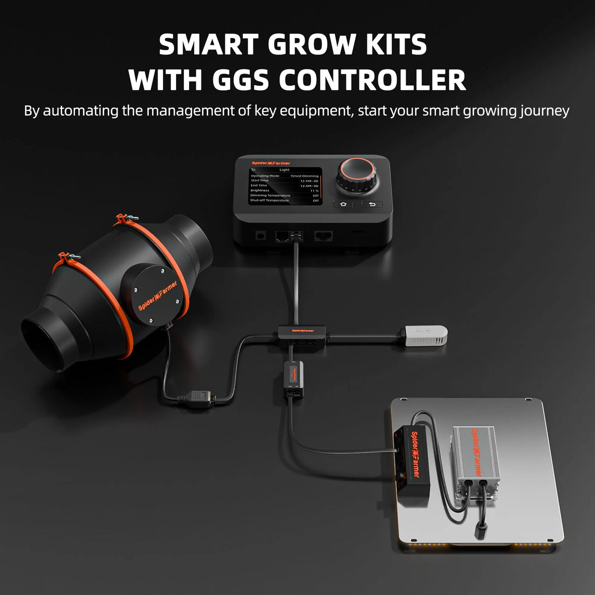 Smart grow kit with black controller, cylindrical sensor, wired modules, and a silver rectangular control plate