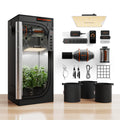 Indoor plant grow tent with reflective lining, LED light, ventilation fans, fabric pots, and hanging accessories