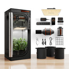 Indoor plant grow tent with reflective lining, LED light, ventilation fans, fabric pots, and hanging accessories