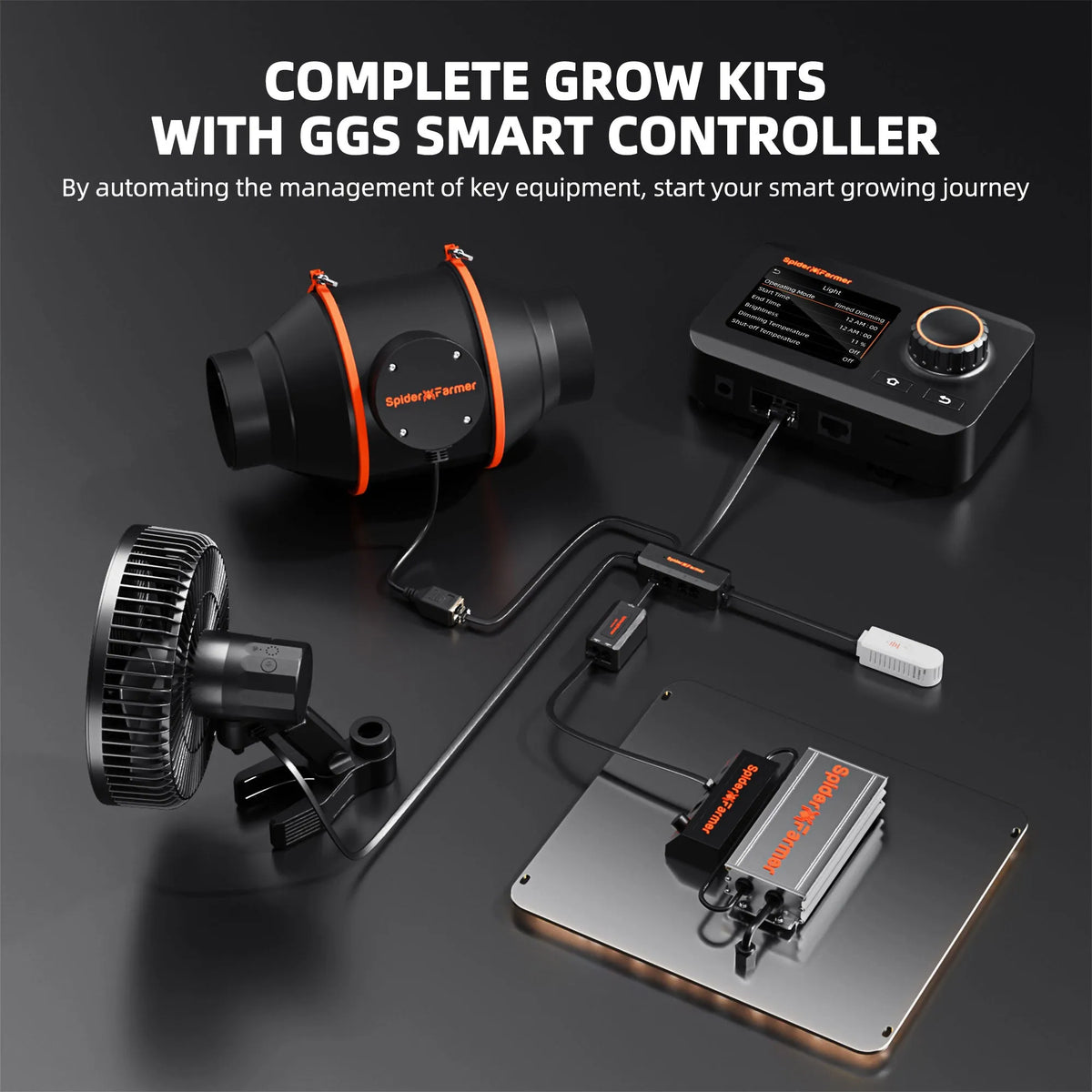 Spider Farmer SF1000 smart grow tent kit with GGS controller app control, black and orange LED hardware
