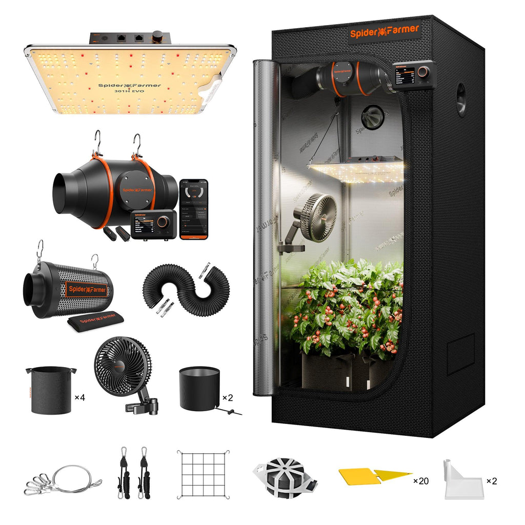 Übersicht des Sets: Vollständiges Indoor-Anbausystem inklusive LED, Zelt, Belüftung und Smart-Controller.