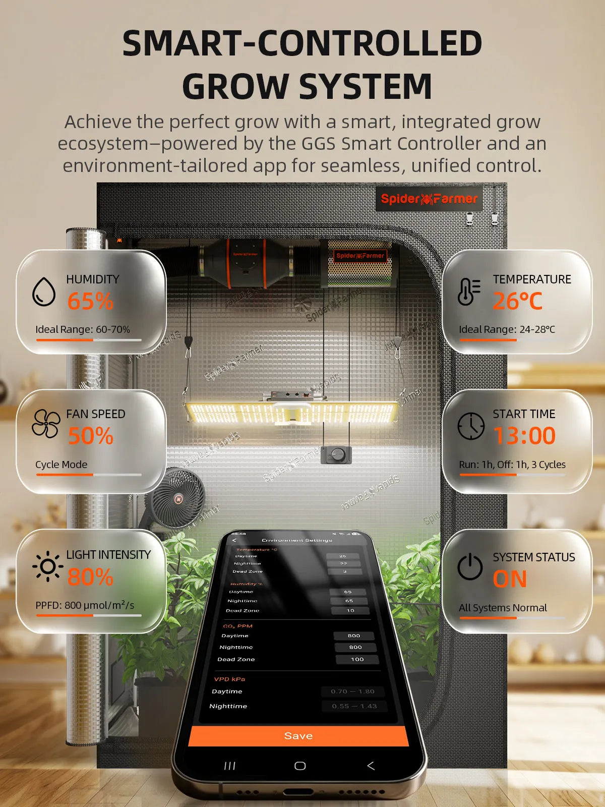 Spider Farmer SF2000 Smart Komplettset grow tent in gray with GGS controller app control system displayed