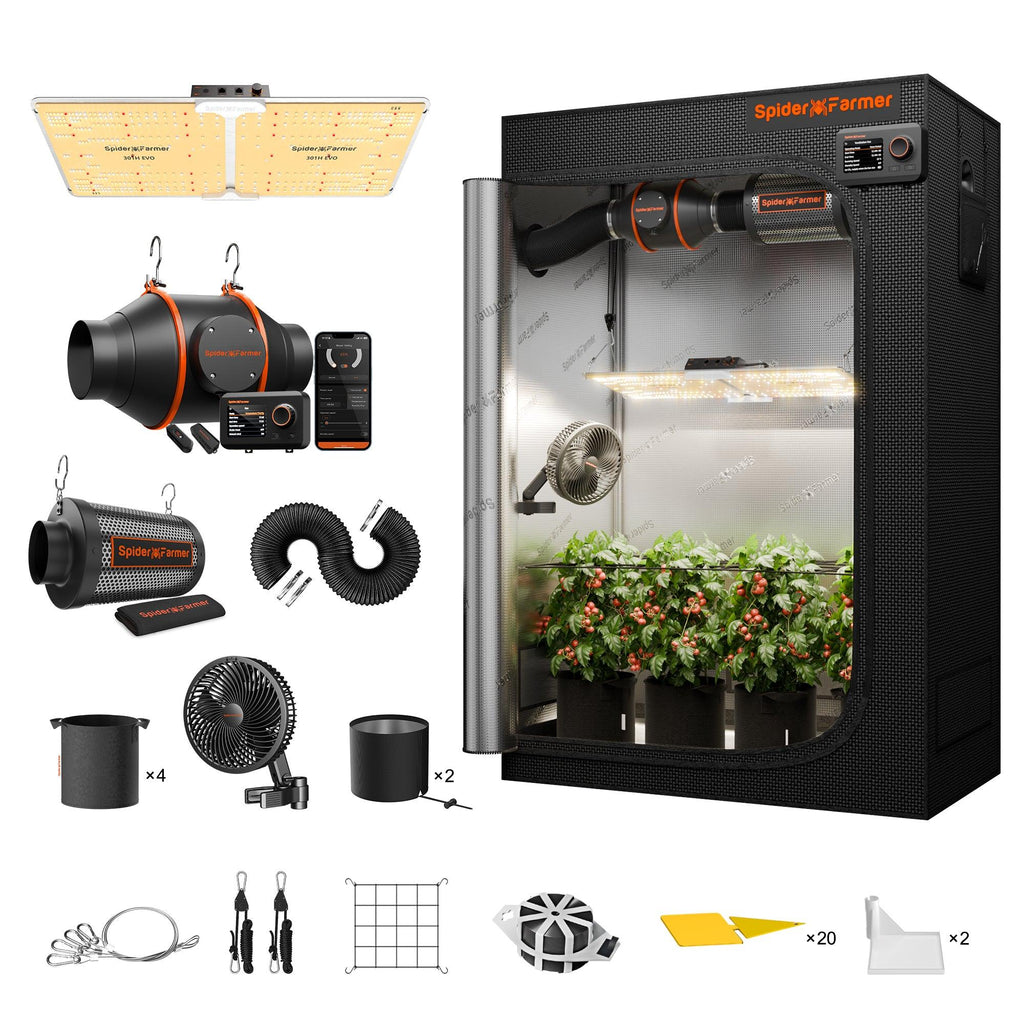 Spider Farmer SF2000-EVO smart grow tent complete set — 120x60x180cm featuring efficient LED lighting and ventilation