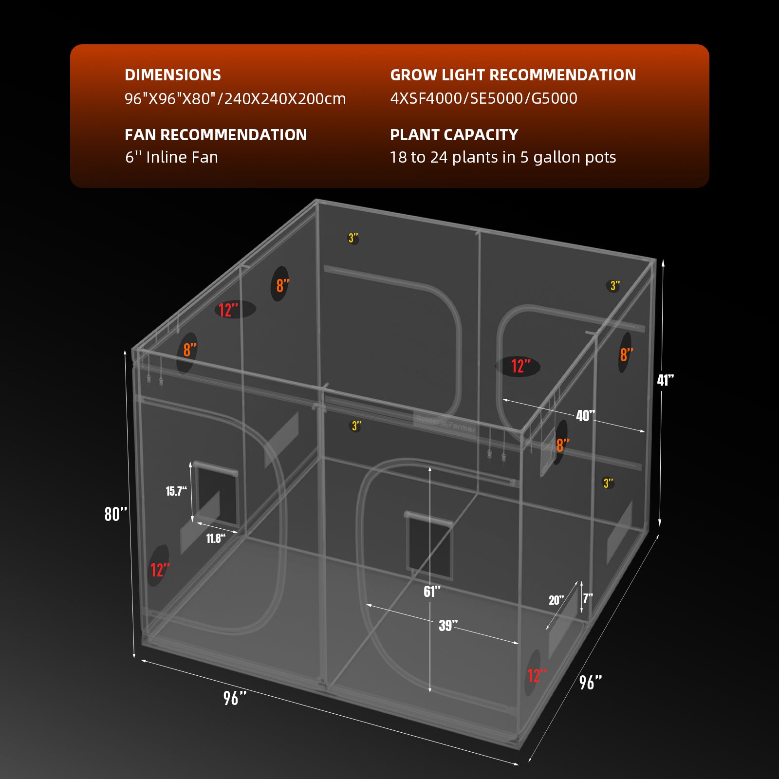 Spider-Farmer-240x240x200cm-Abmessungen-Grafik-Anbauflaeche-5-76qm-und-Zelthoehe-fuer-Indoor-Grow