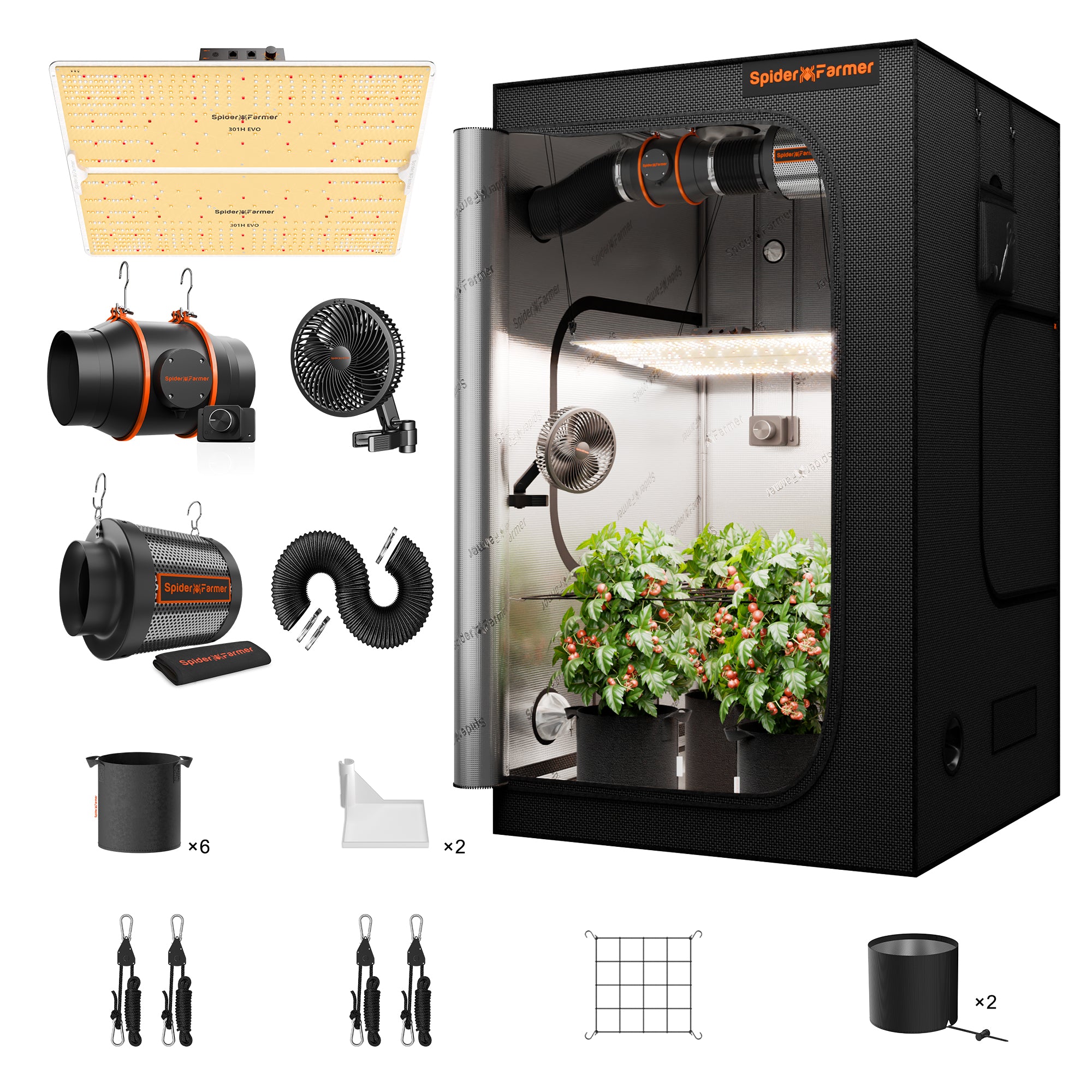 Spider Farmer SF4000 Komplettset 120x120x200cm mit allen Komponenten Übersicht.
