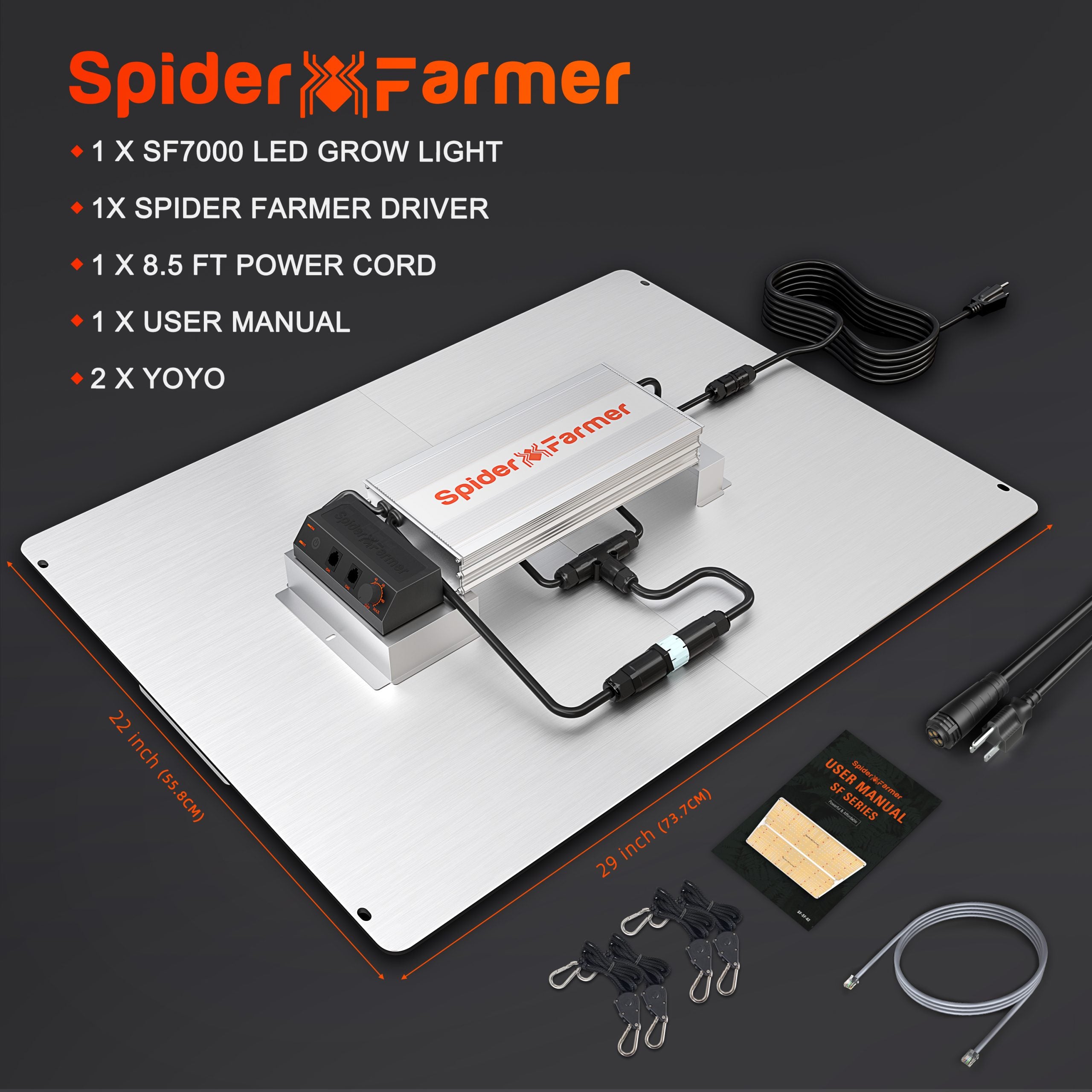 Vollständiger Lieferumfang der SF7000 650W inklusive aller Kabel und Aufhängungen.